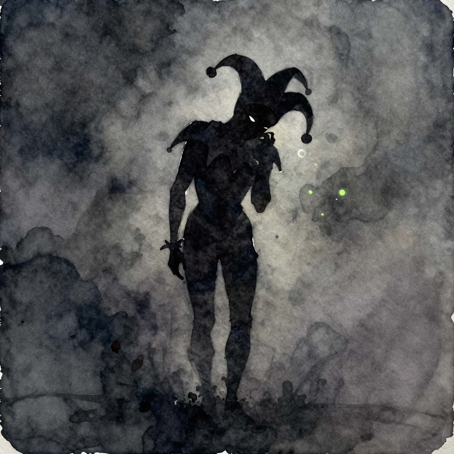 A watercolor painting of a jester silhouette, perhaps with a...