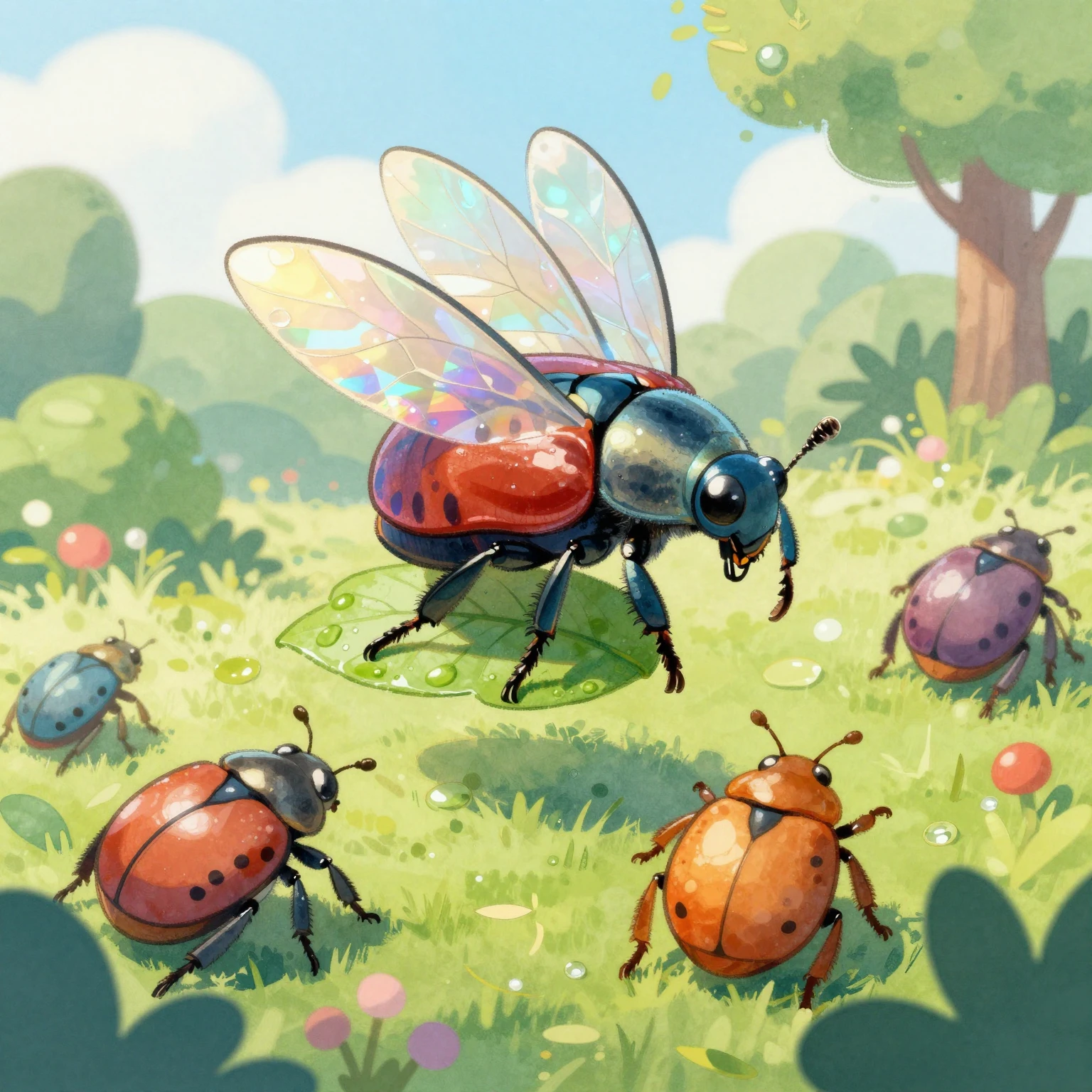 Vibrant watercolor style. A cheerful, cartoon-style illustra...