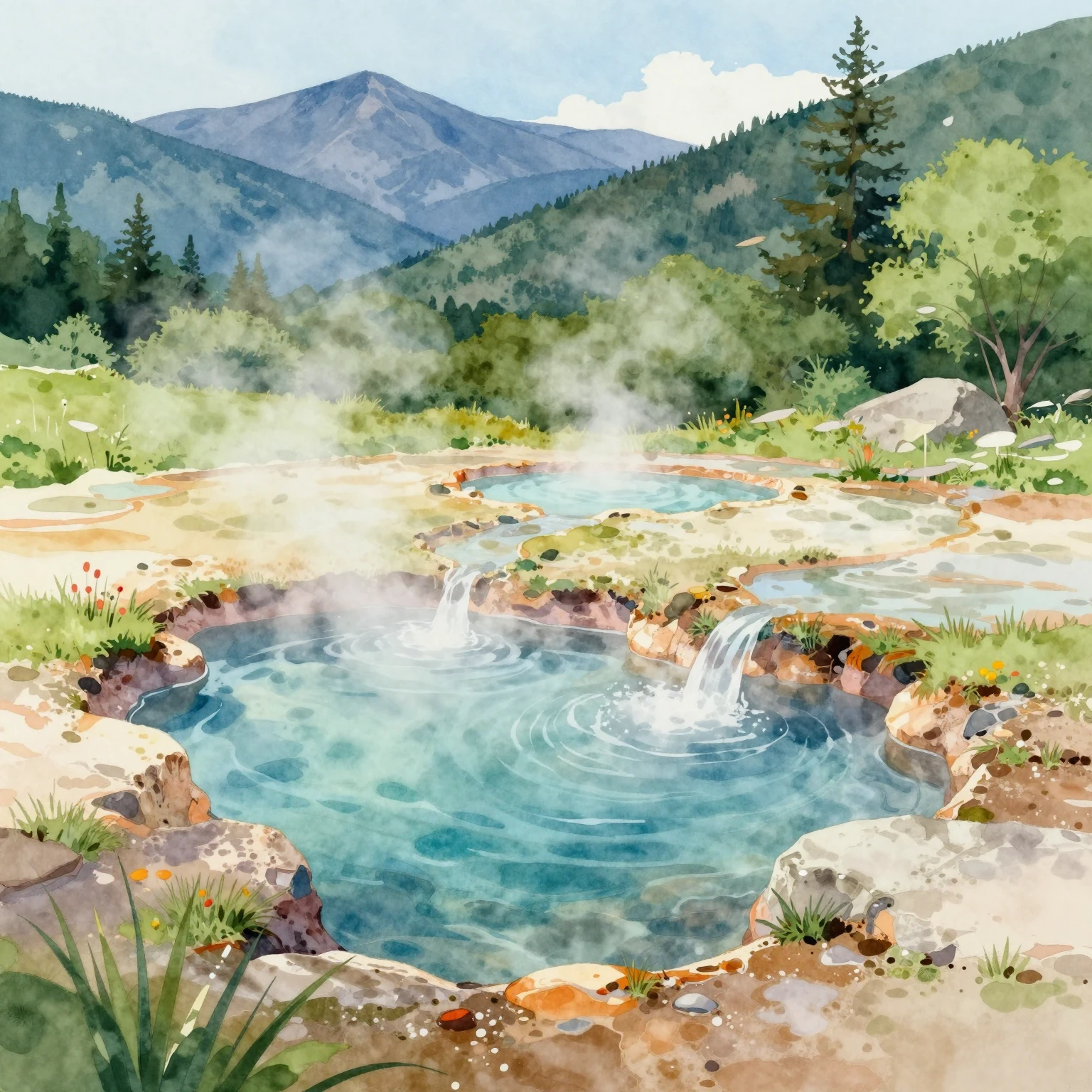 Vibrant watercolor painting focusing on clear, steaming hot ...