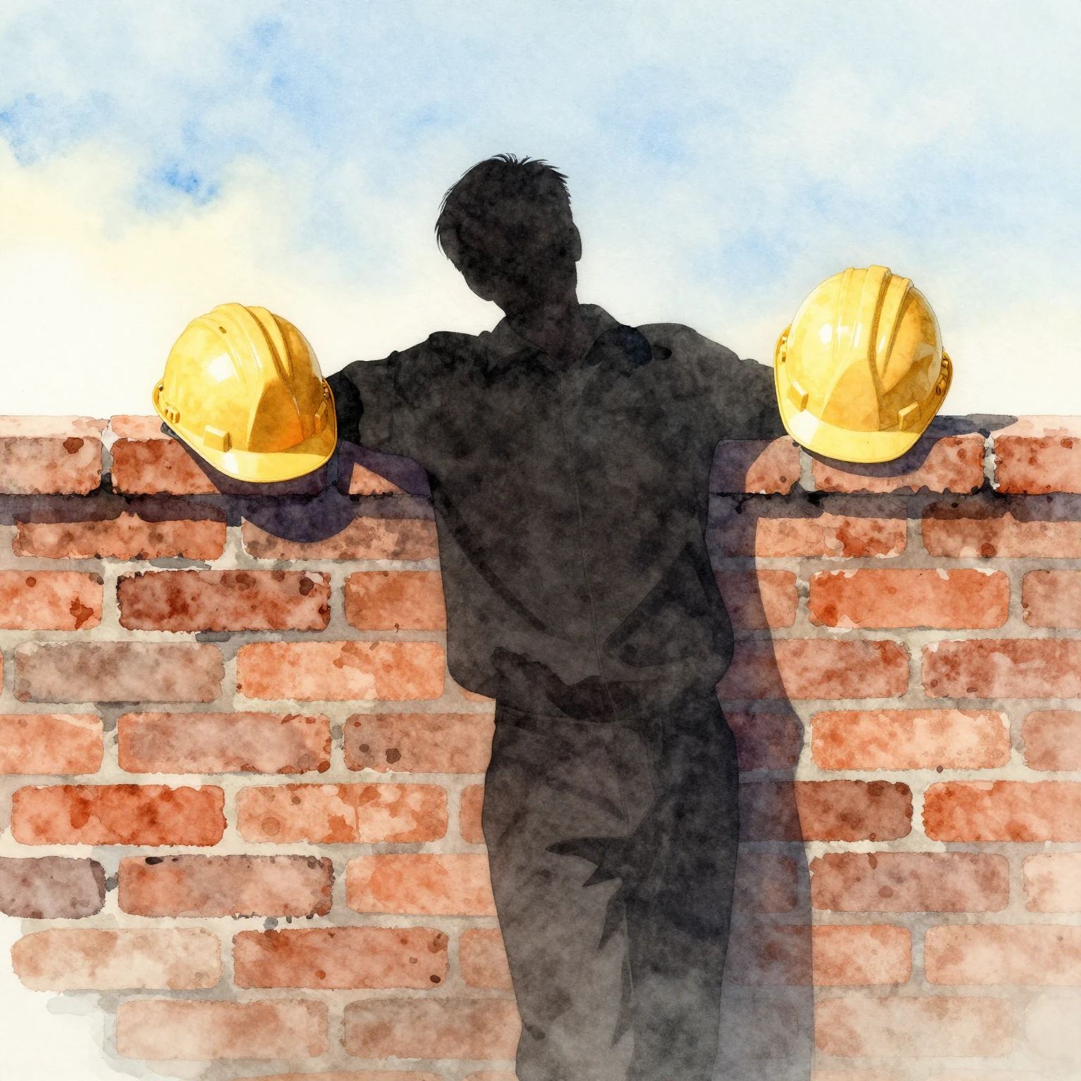 Watercolor silhouette of a person resting against a brick wa...