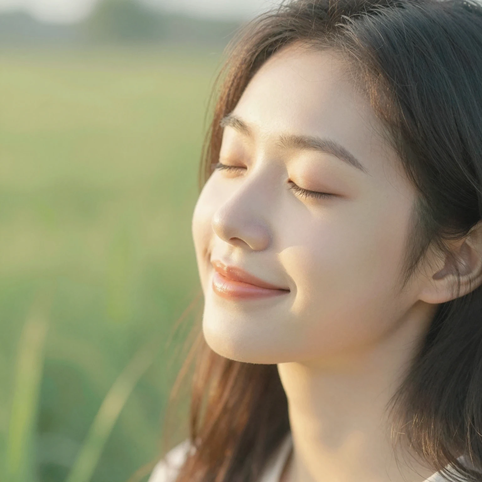 A close-up of a young woman's face, eyes closed, a gentle an...