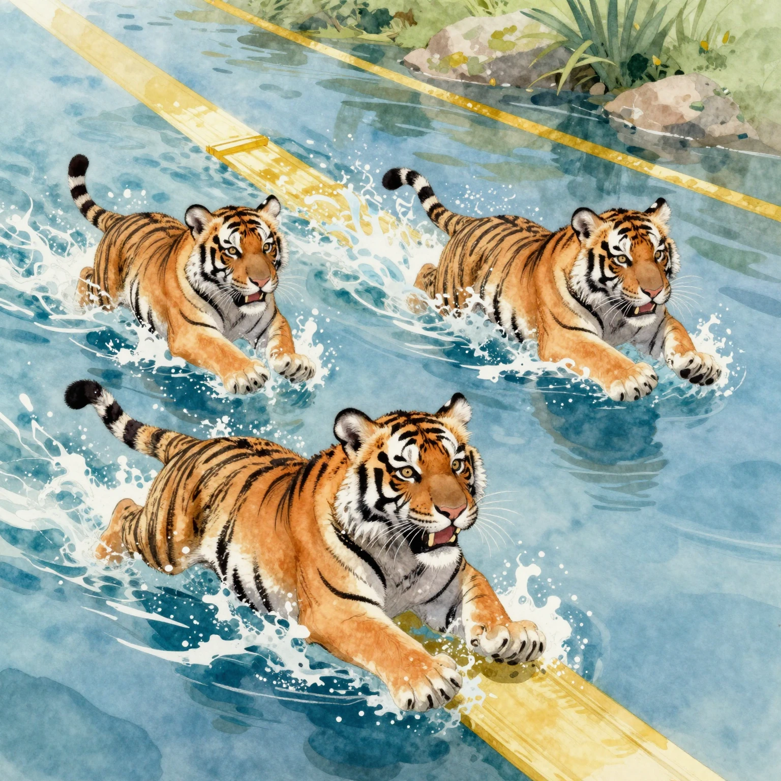 Vibrant watercolor painting of Amur tiger cubs swimming powe...