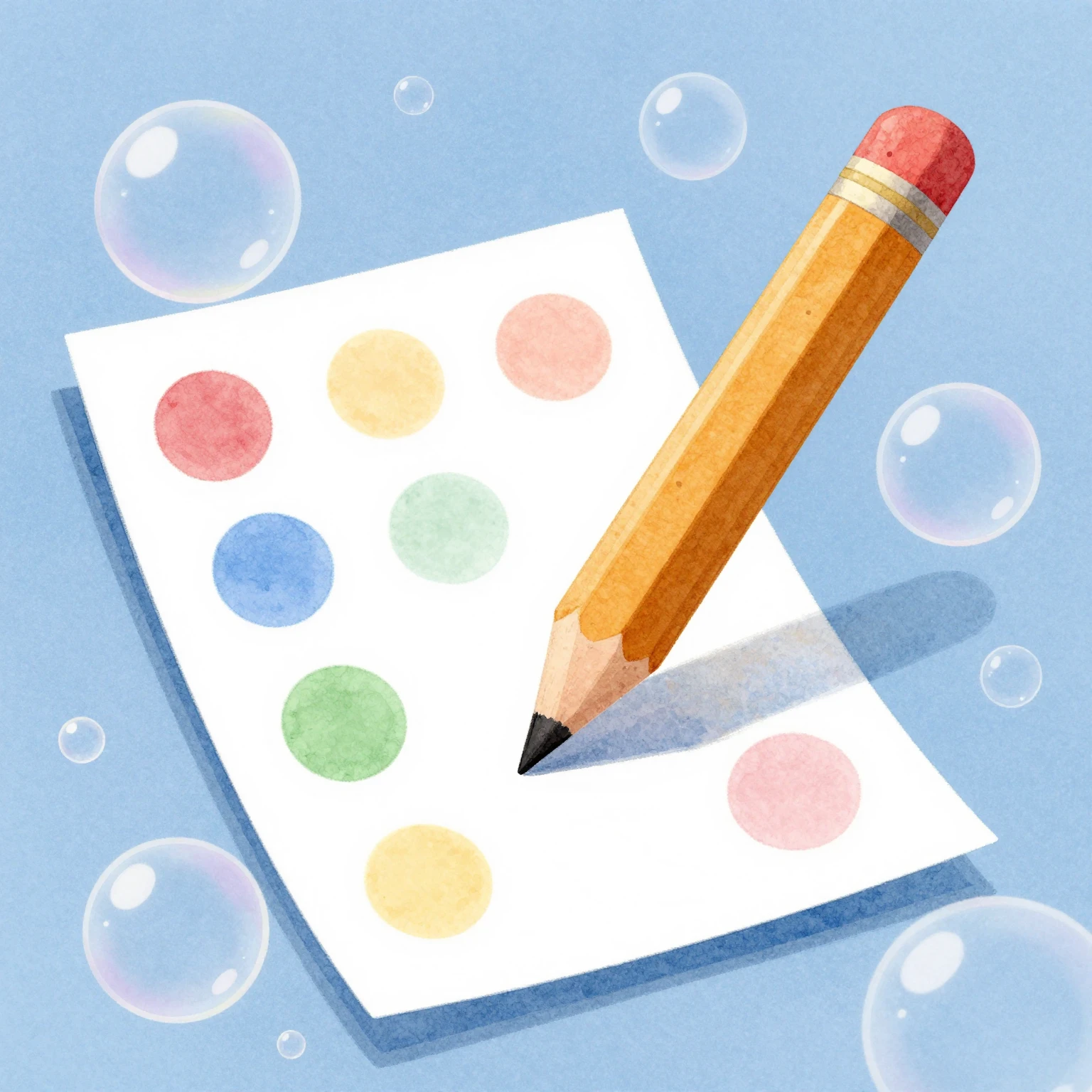 A whimsical watercolor illustration of a sharpened pencil, a...