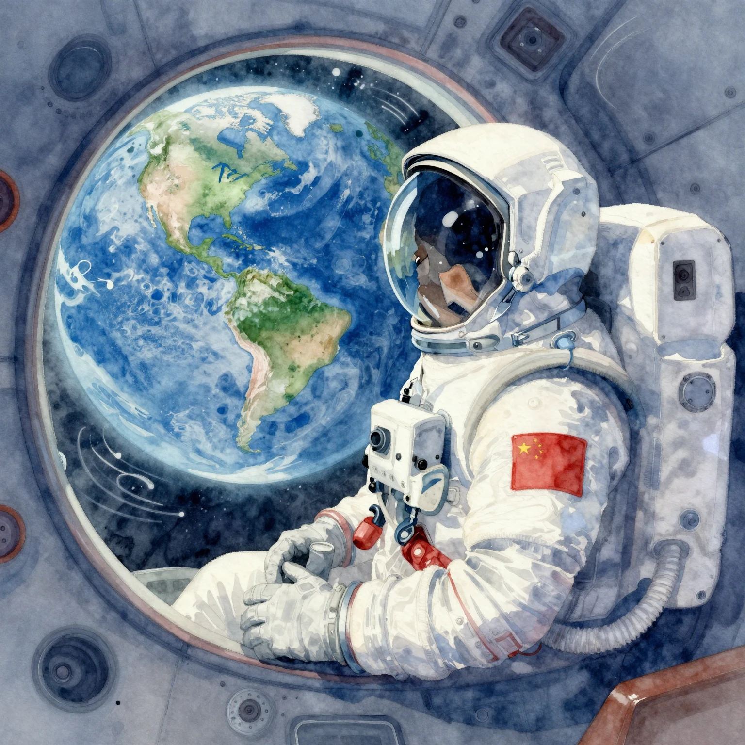 A bluesy astronaut, depicted in a vibrant watercolor style, ...
