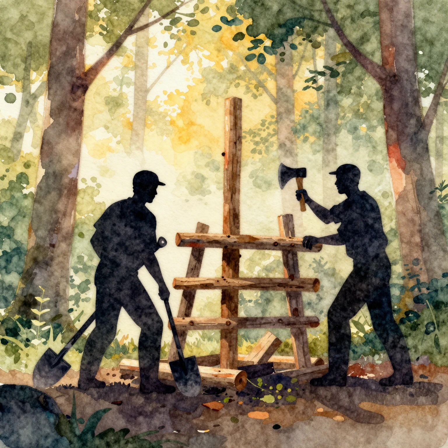 Vibrant watercolor style. Two silhouettes of men, one holdin...