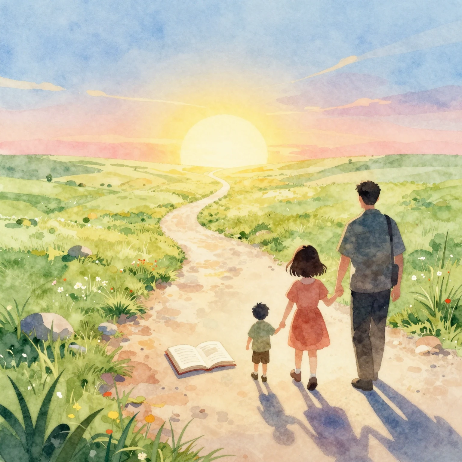 Vibrant watercolor illustration. A bright, sunny landscape w...