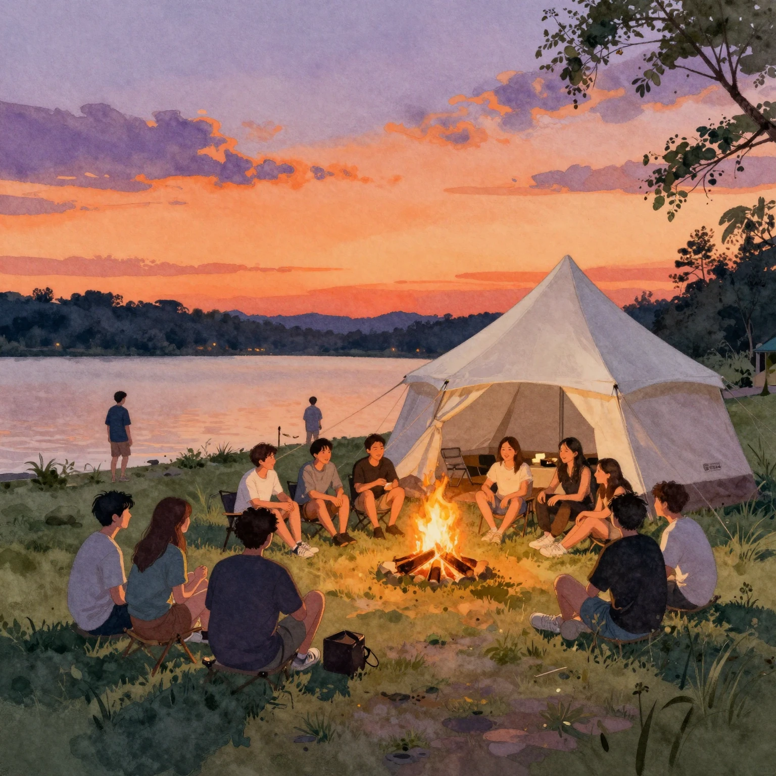 A watercolor painting of a party scene with a group of frien...