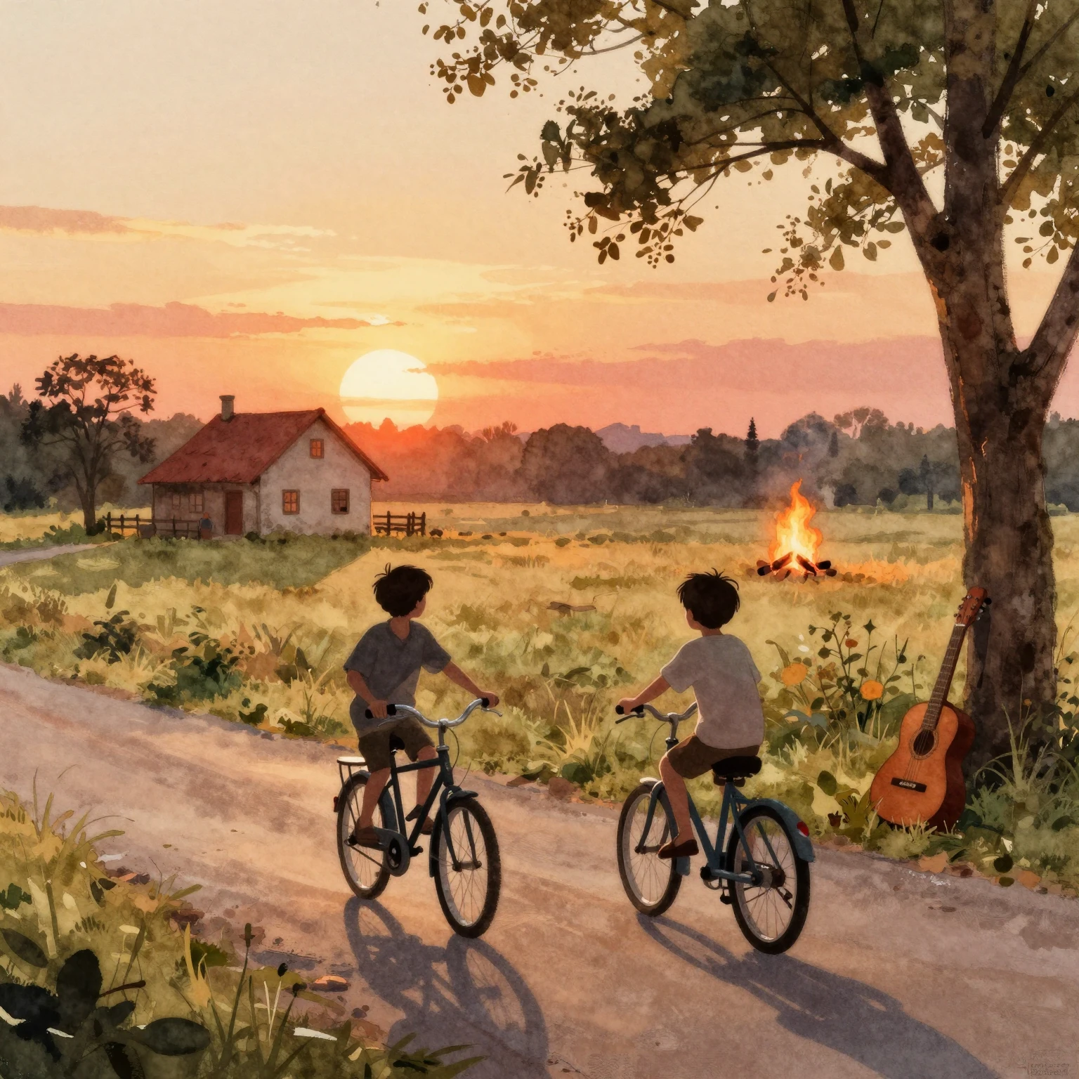 Vibrant watercolor style. Nostalgic scene, silhouettes of tw...