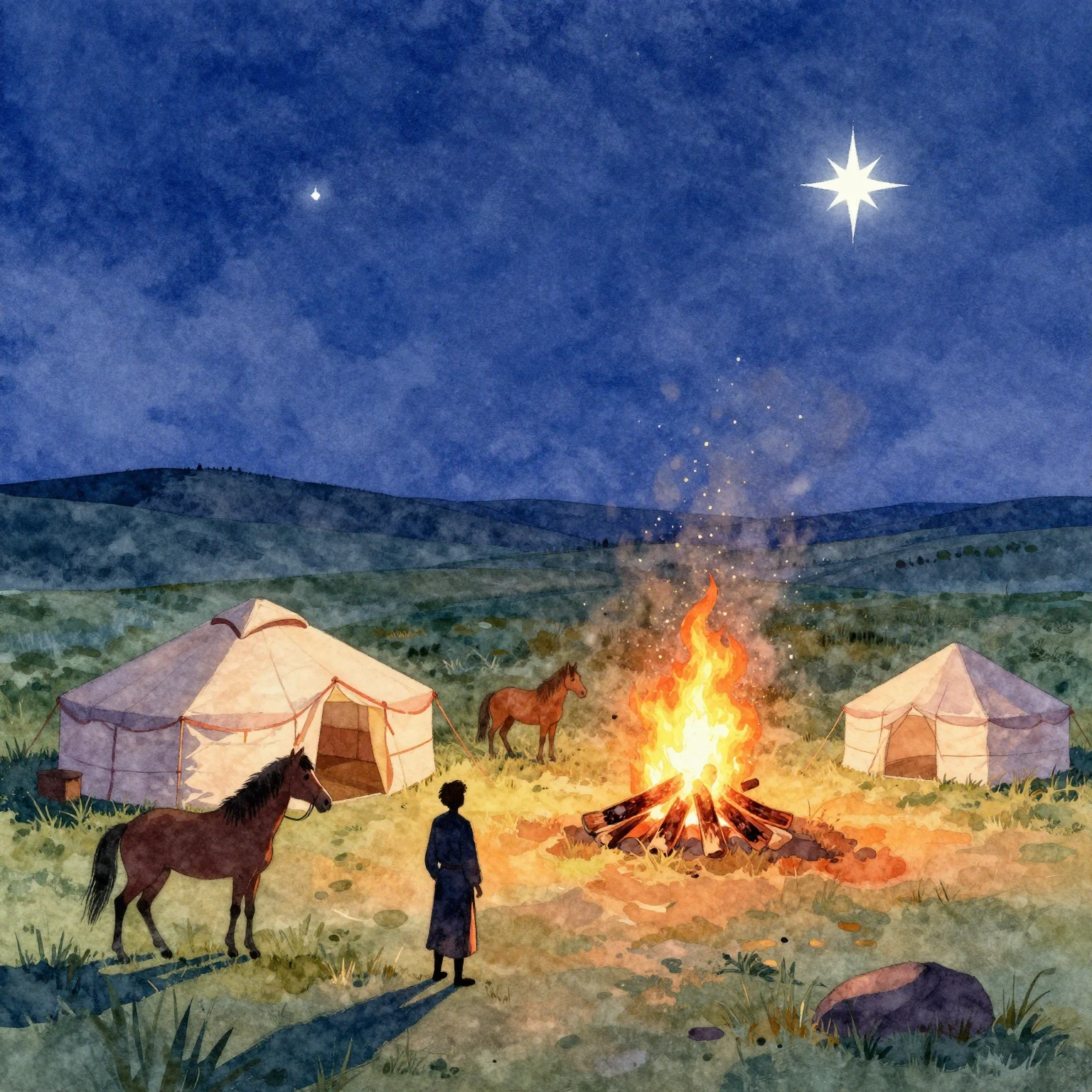 Vibrant watercolor style. Nomadic camp at night, a large bon...