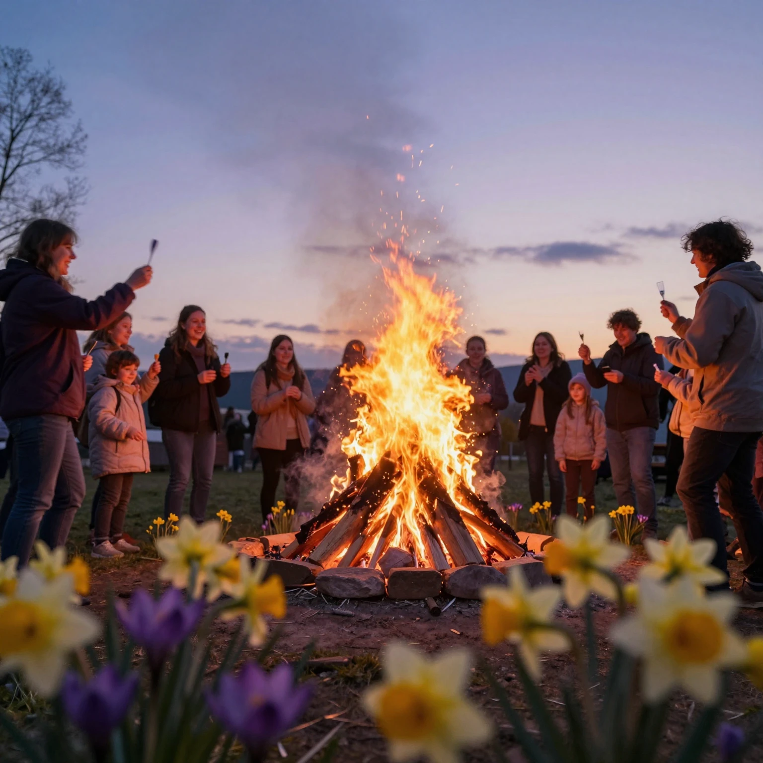 A festive Valborg scene with a bonfire glowing under a twili...