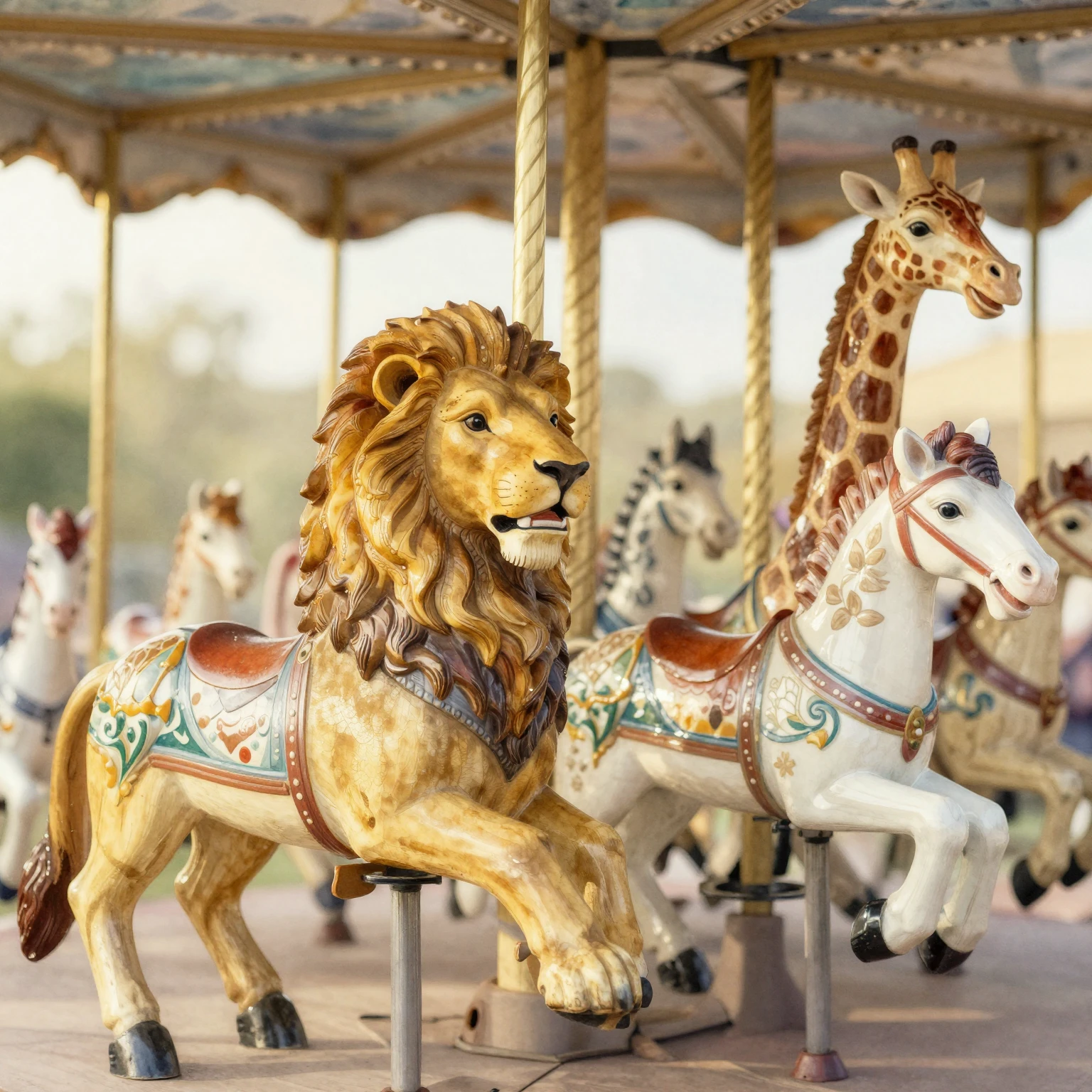 A close-up of intricately carved vintage wooden carousel ani...
