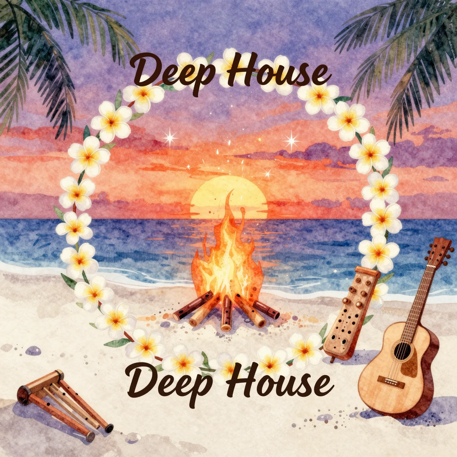 Vibrant watercolor style. Tropical Deep House album art: Bal...