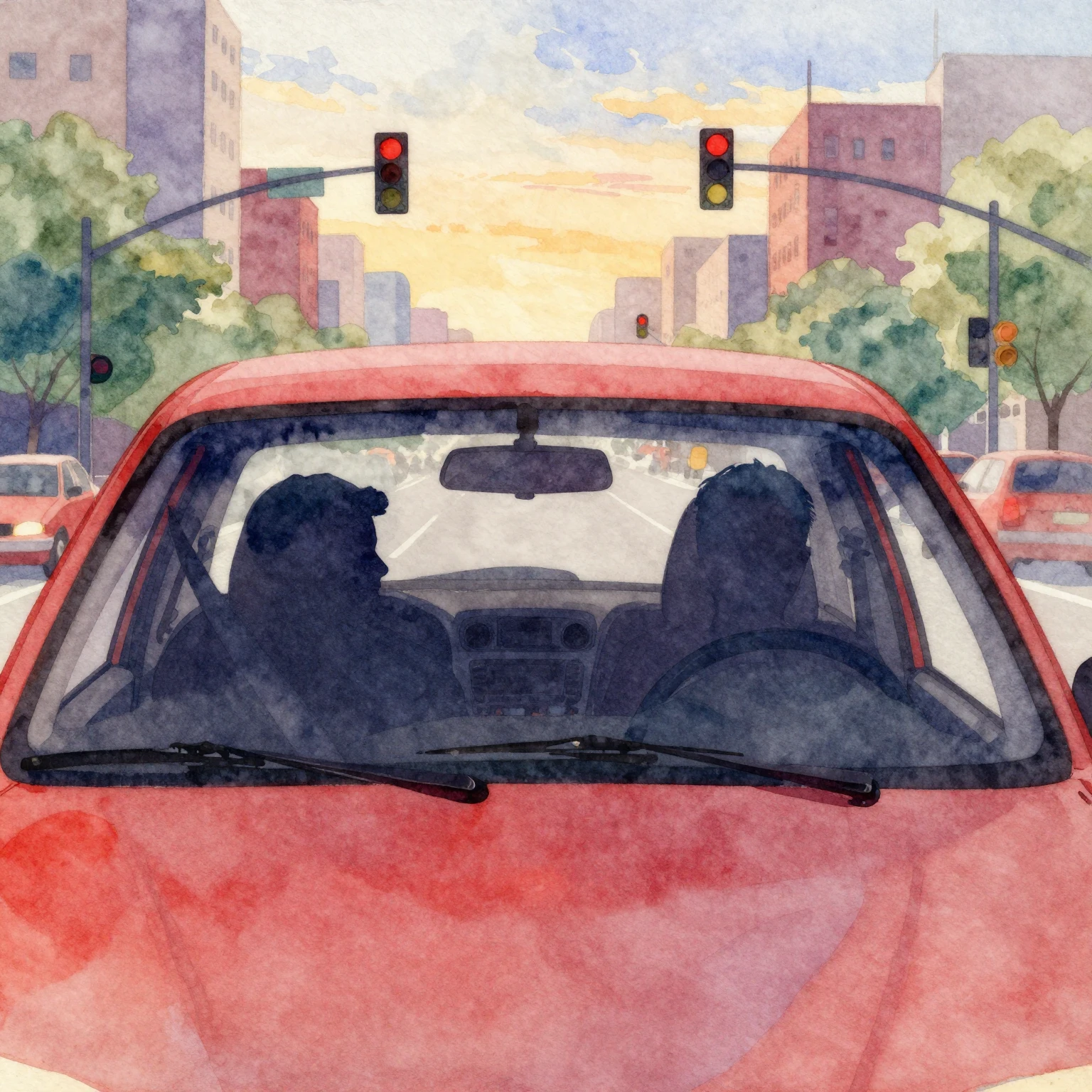 Vibrant watercolor style. A silhouette of a person driving a...