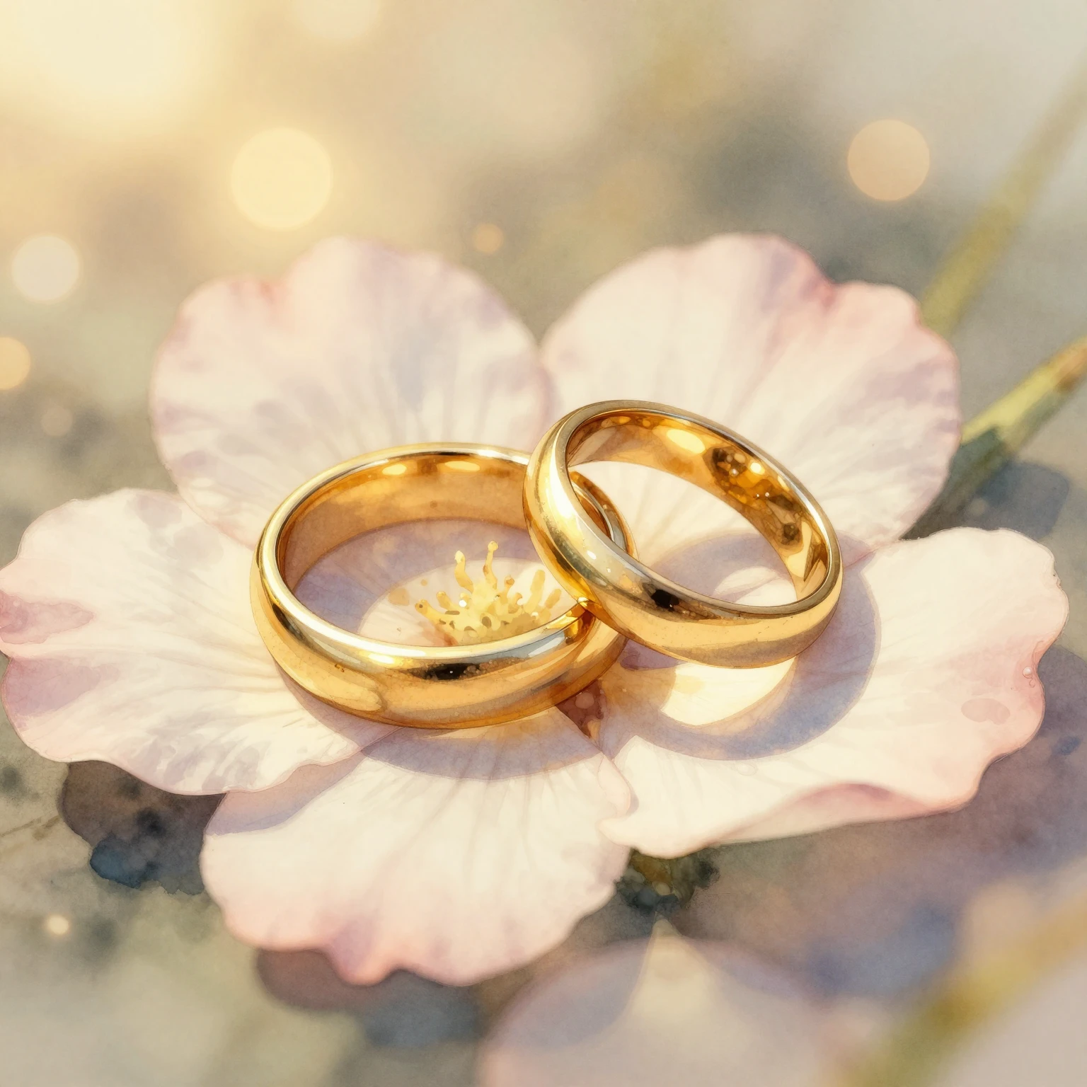 Watercolor illustration of two gold wedding rings on pastel ...