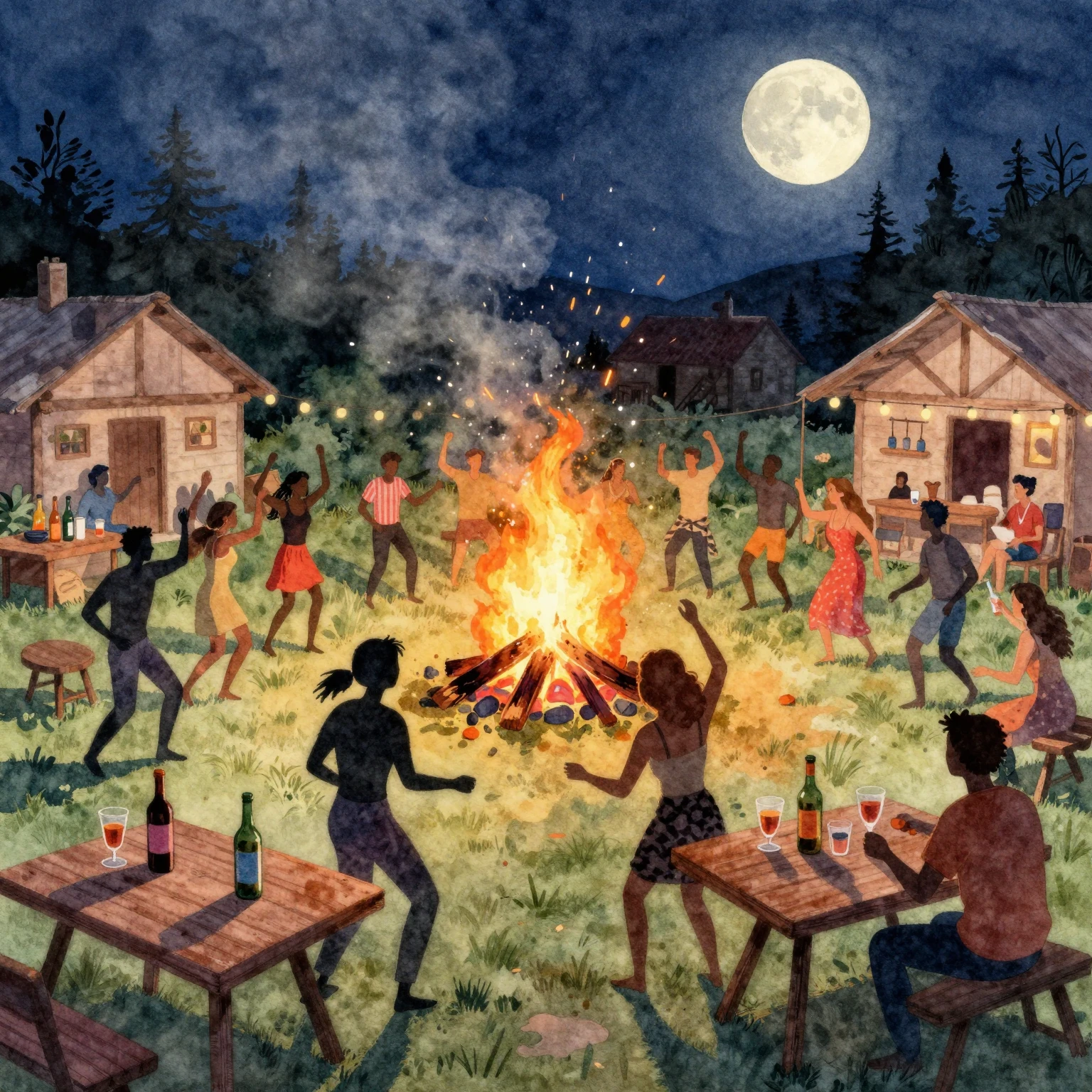 Vibrant watercolor illustration of a chaotic village party a...