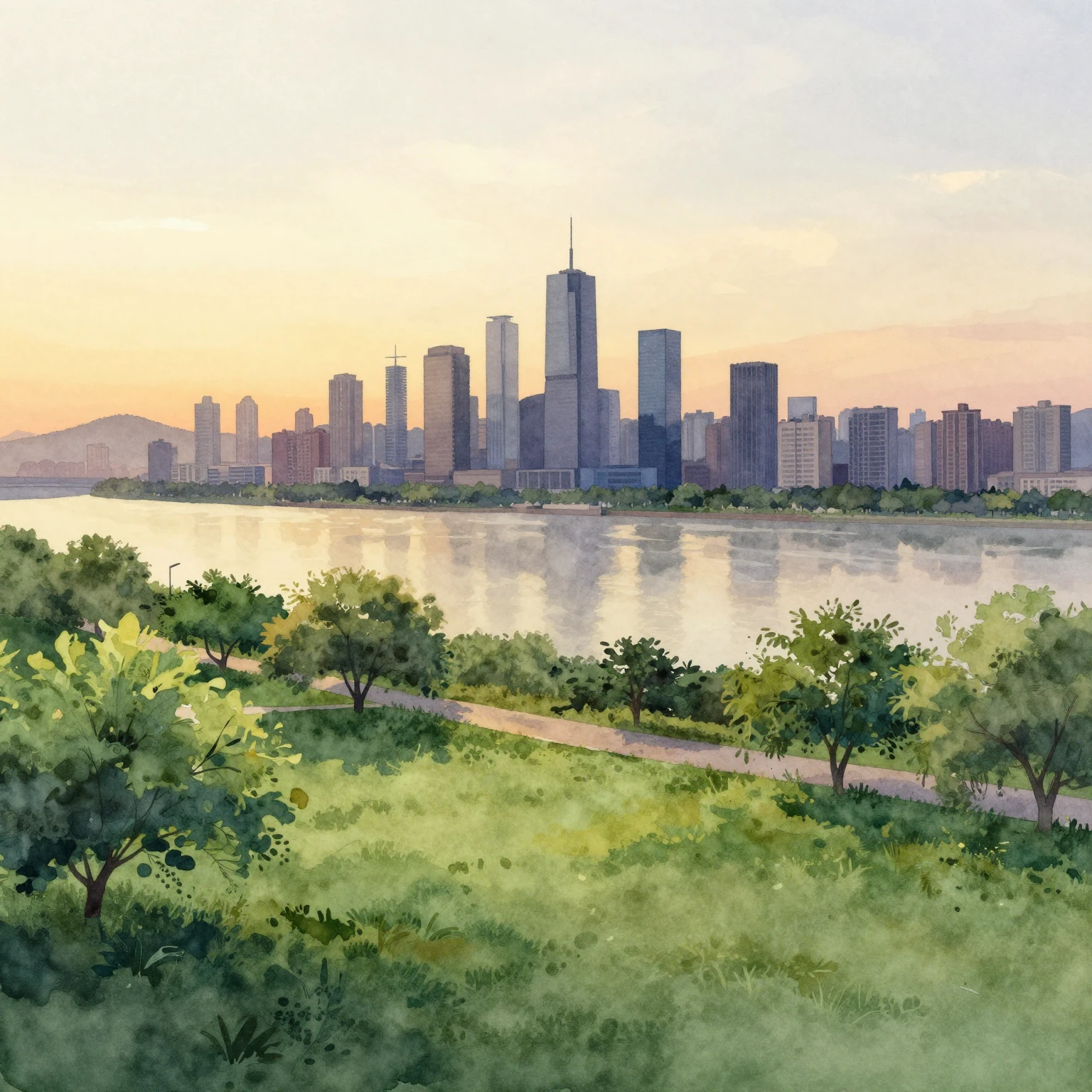 Watercolor painting of a modern city silhouette by a calm ri...