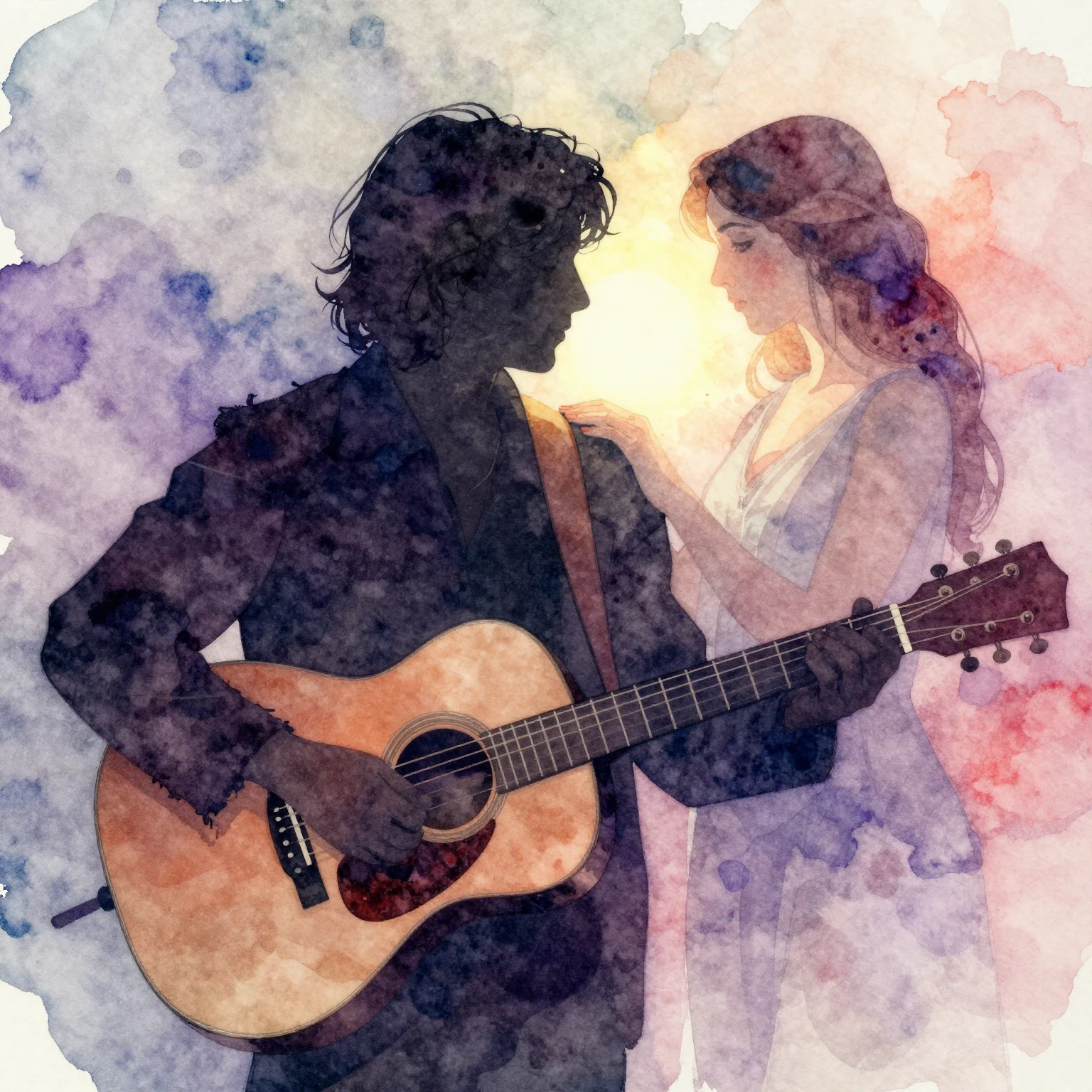 Vibrant watercolor style. A silhouette of a poet with a guit...