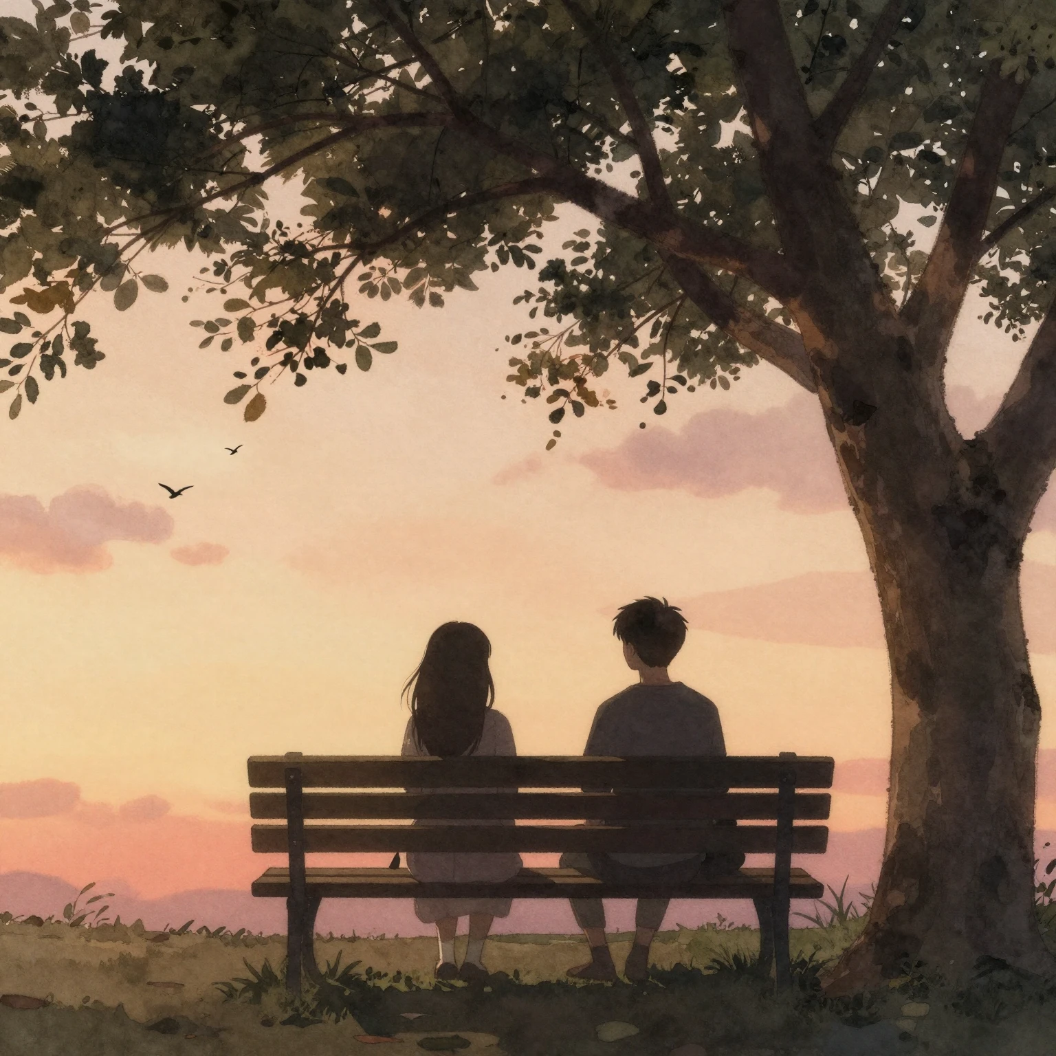Watercolor style. A silhouette of two teenagers sitting on a...