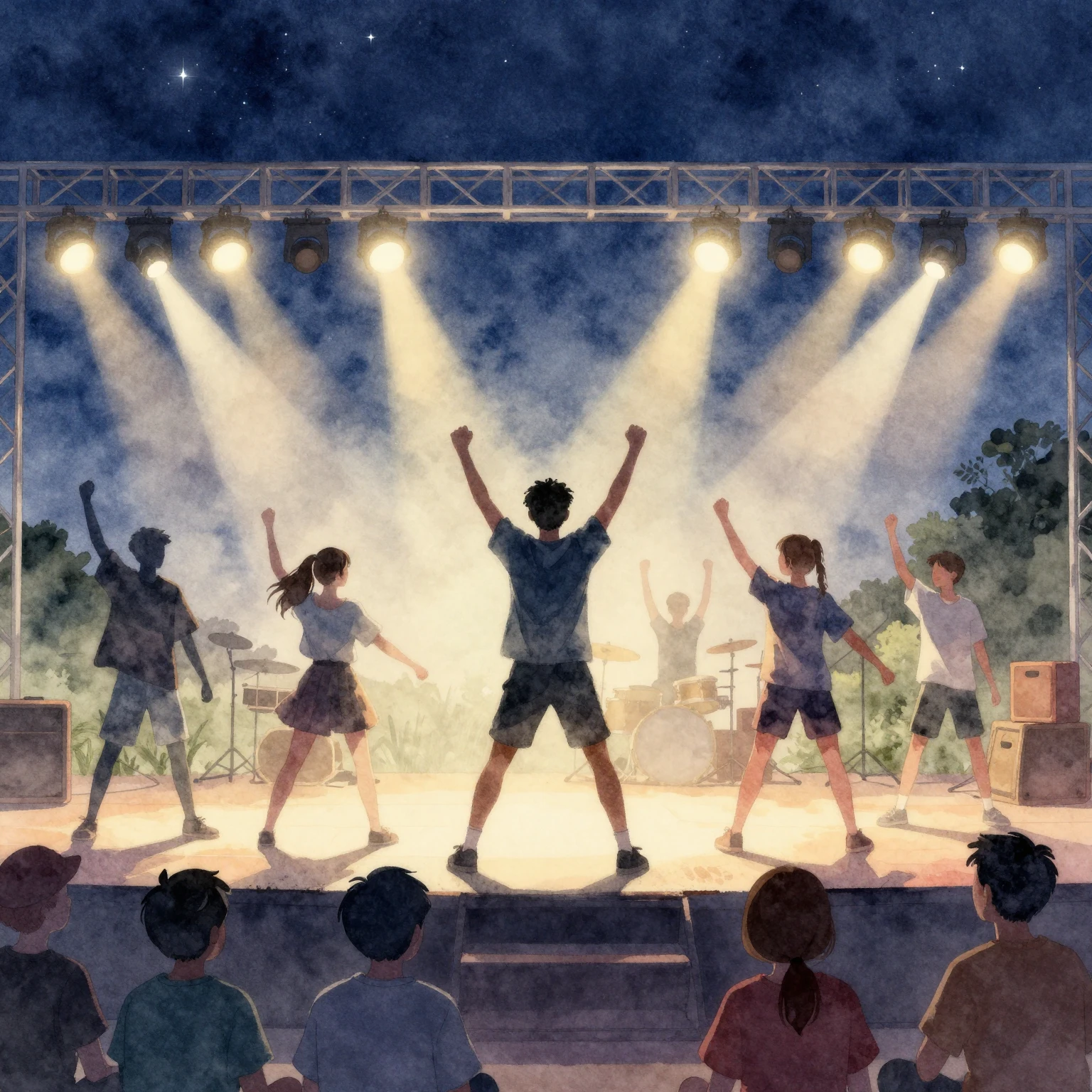 Watercolor style. Silhouettes of energetic teenagers perform...