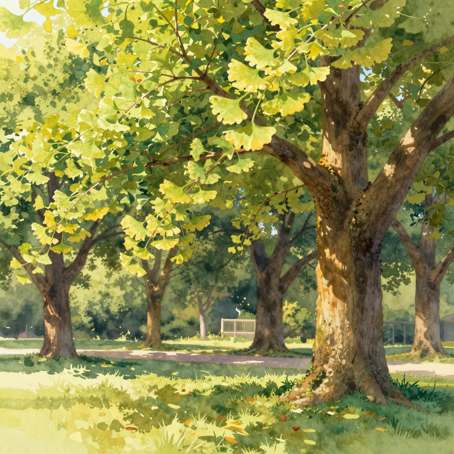 A vibrant watercolor painting of a sunlit park, focusing on ...