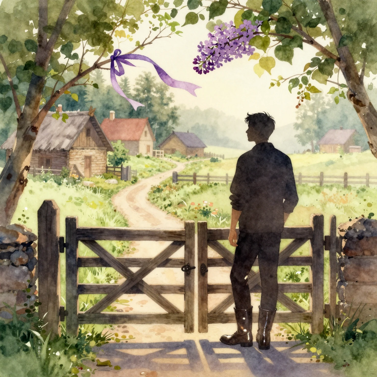 A vibrant watercolor painting of a rustic village scene at d...
