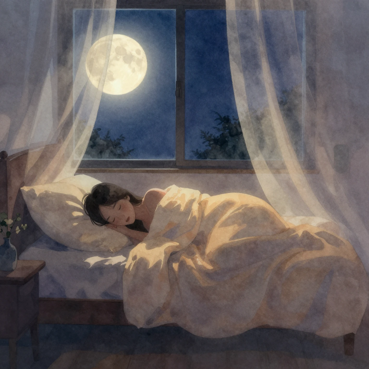Watercolor style cozy bedroom at night, moonlight through th...