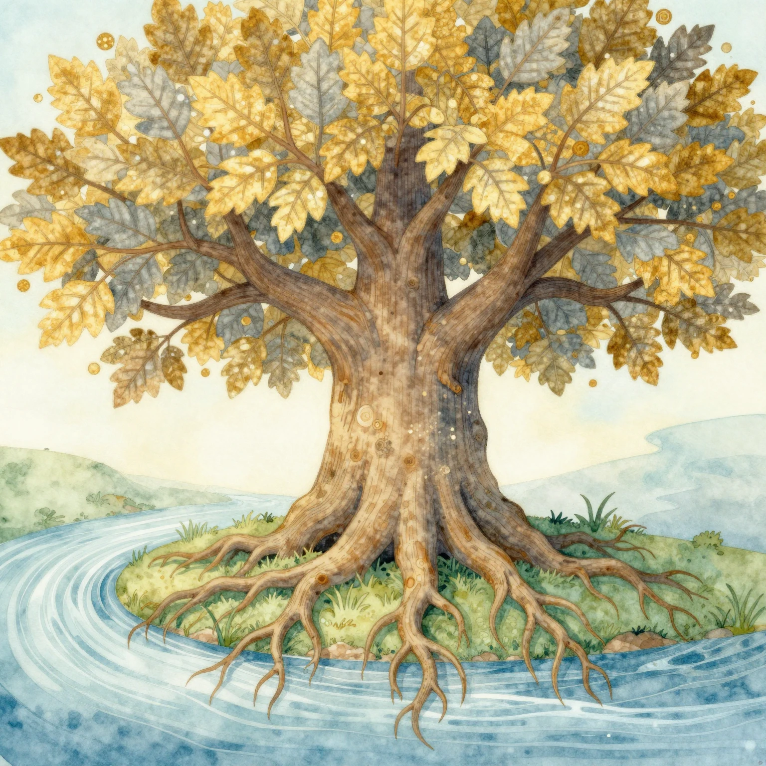 An artistic depiction of Yggdrasil, the world tree, with gol...