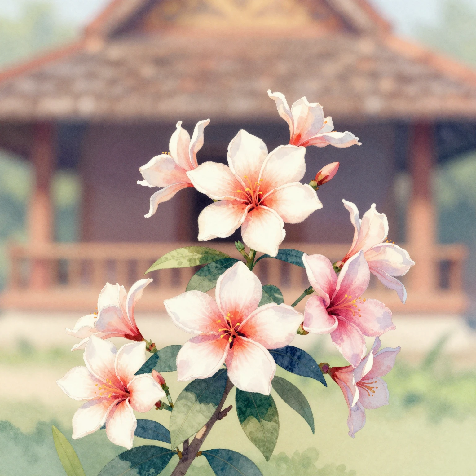 Vibrant watercolor illustration of blooming Dok Khoun flower...