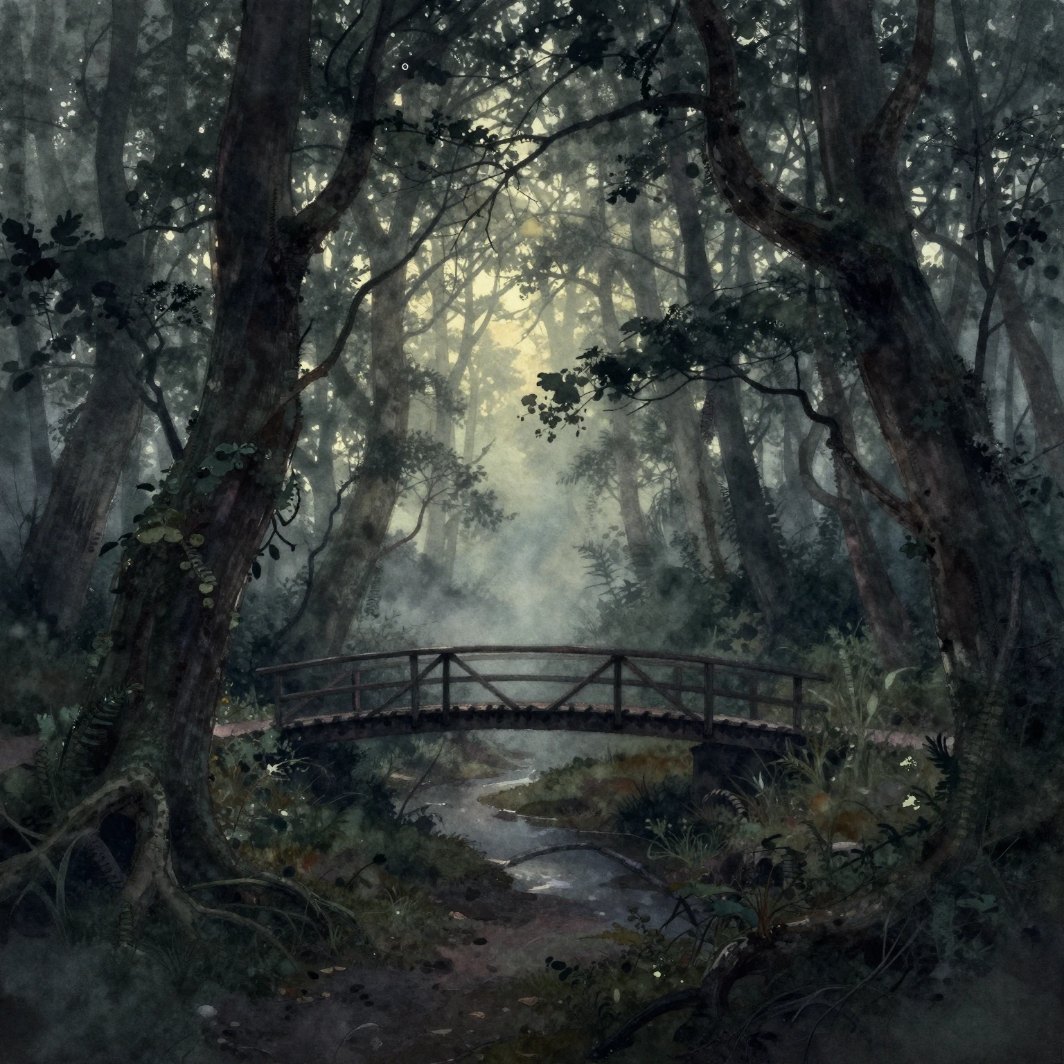 A twilight forest scene in watercolor style. Dark, misty bog...