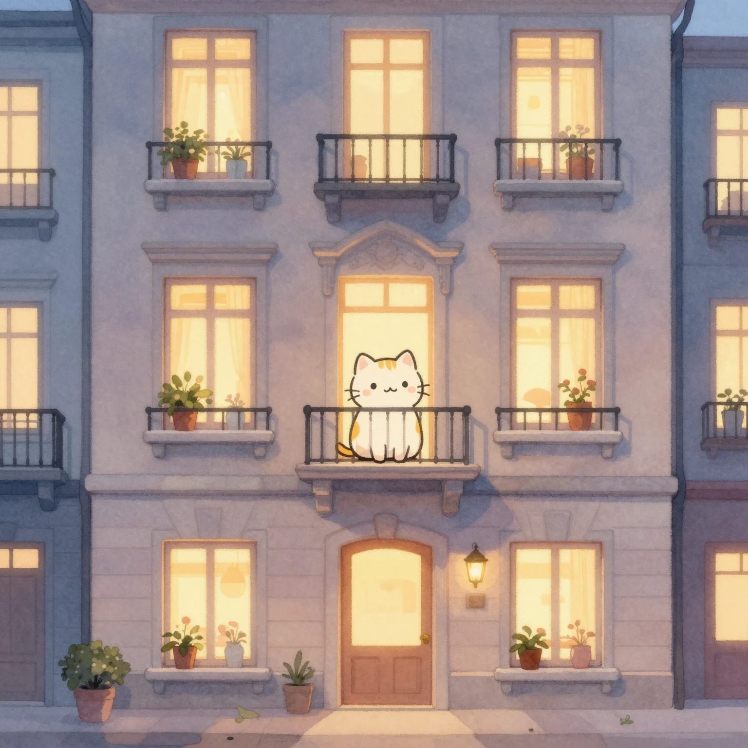 Watercolor style cozy apartment building facade in evening l...