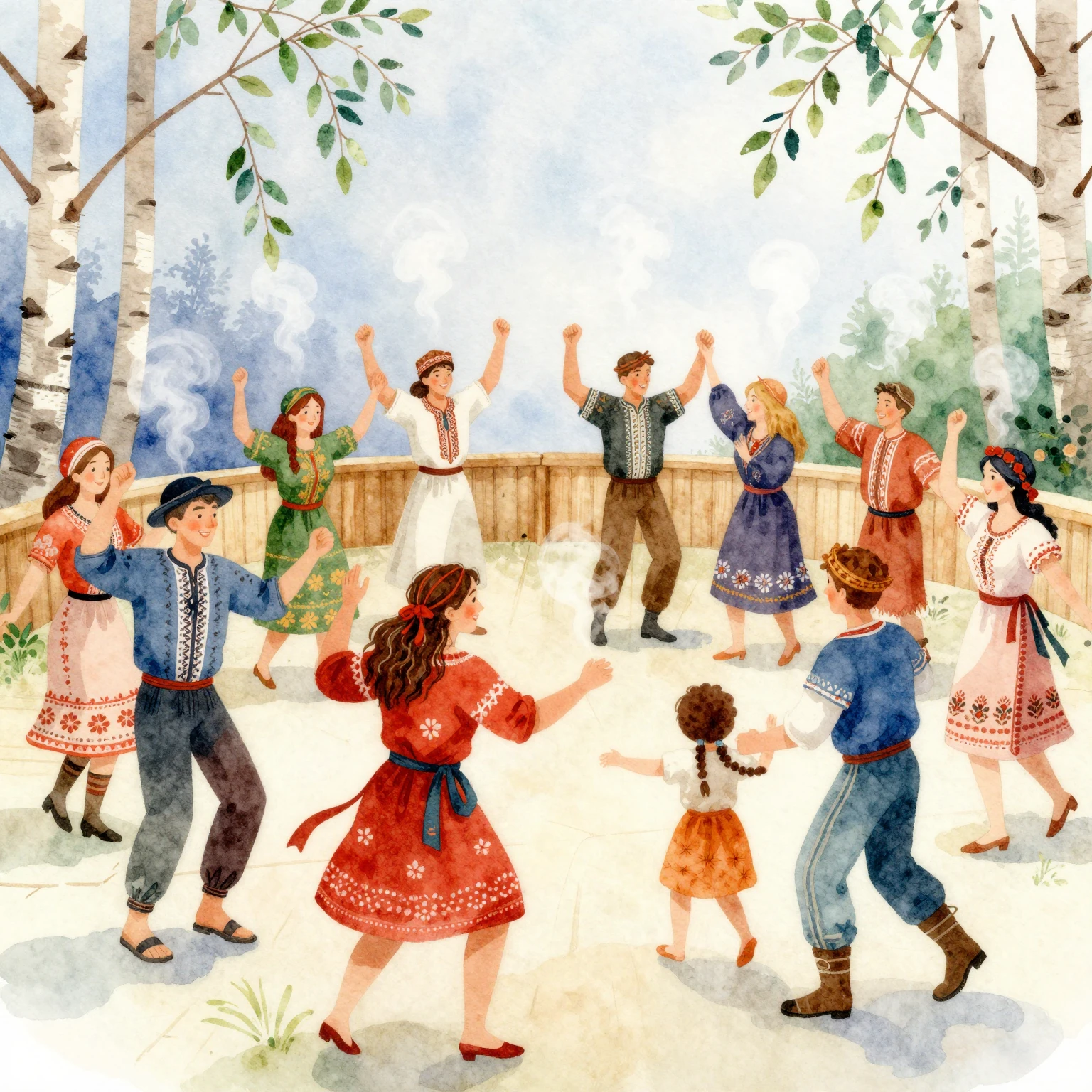Vibrant watercolor illustration of a lively Russian banya pa...