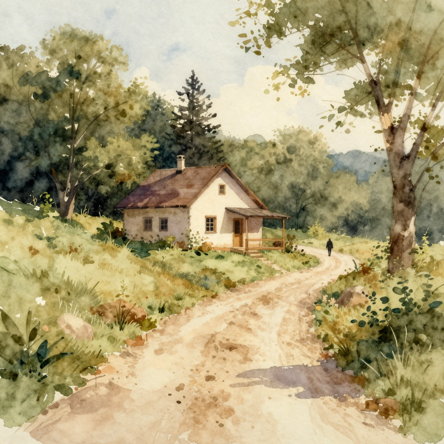 Watercolor landscape of a small cozy house on a hill with a ...