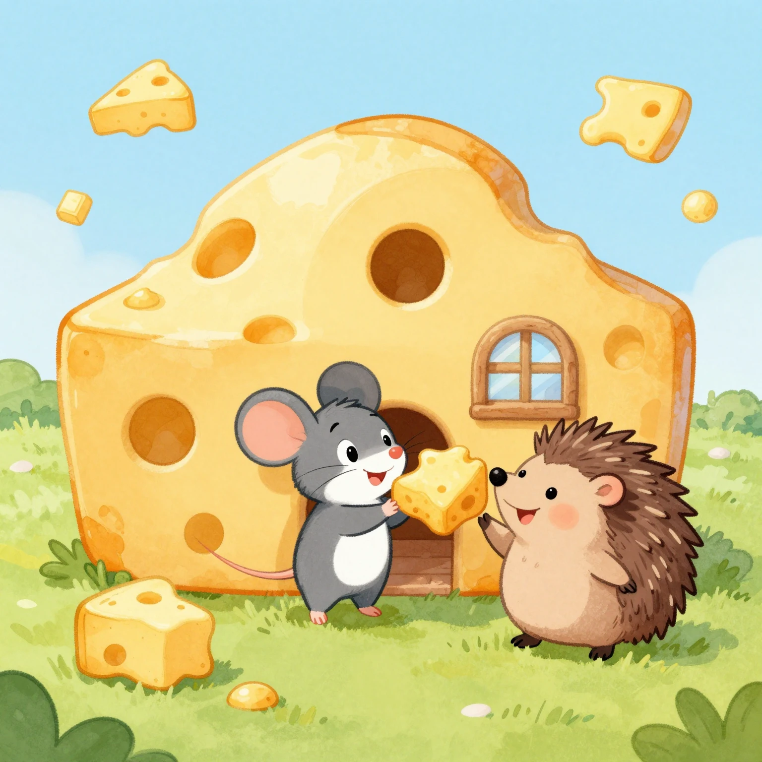 A cute cartoon mouse and a hedgehog happily sharing a large,...