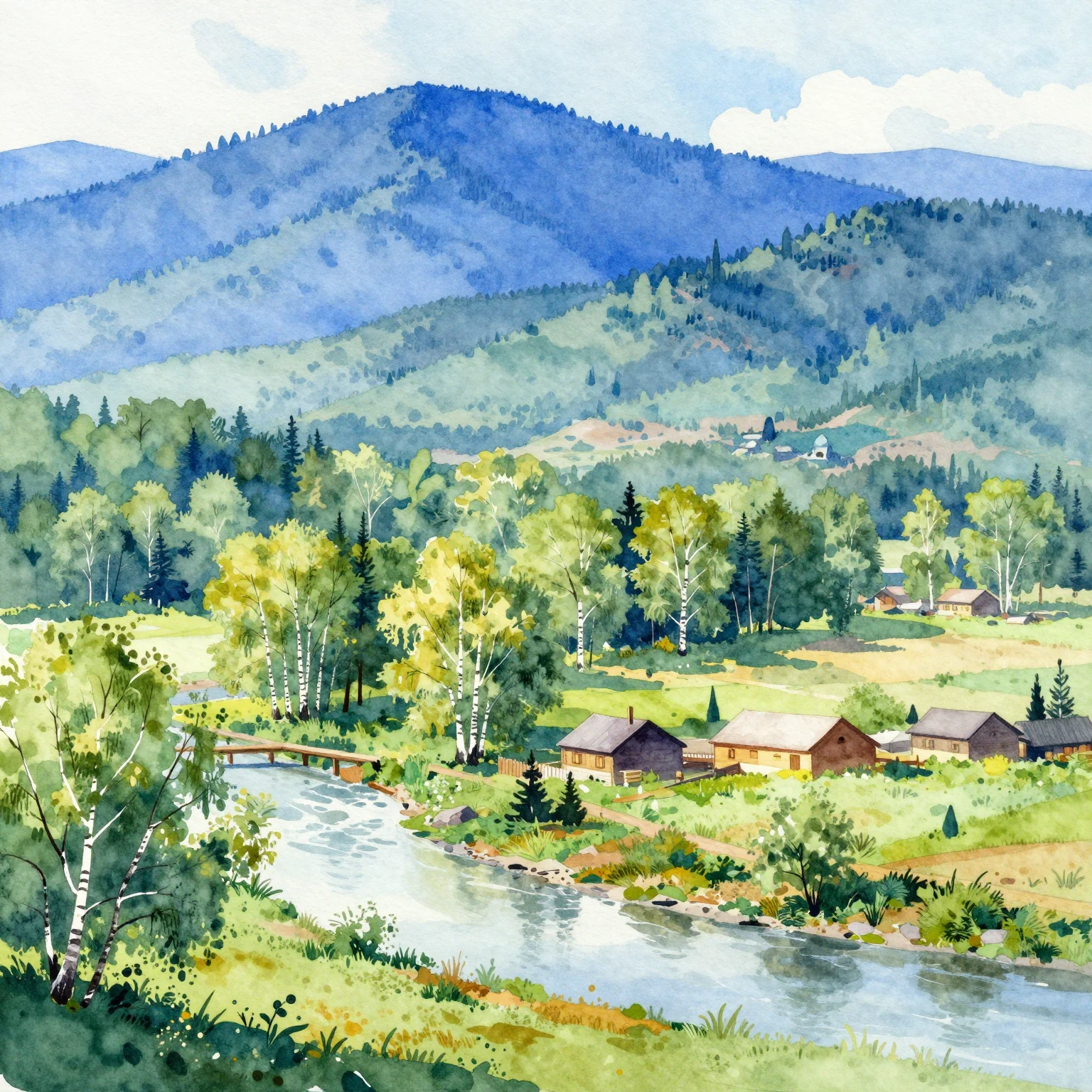 A vibrant watercolor painting depicting the serene landscape...