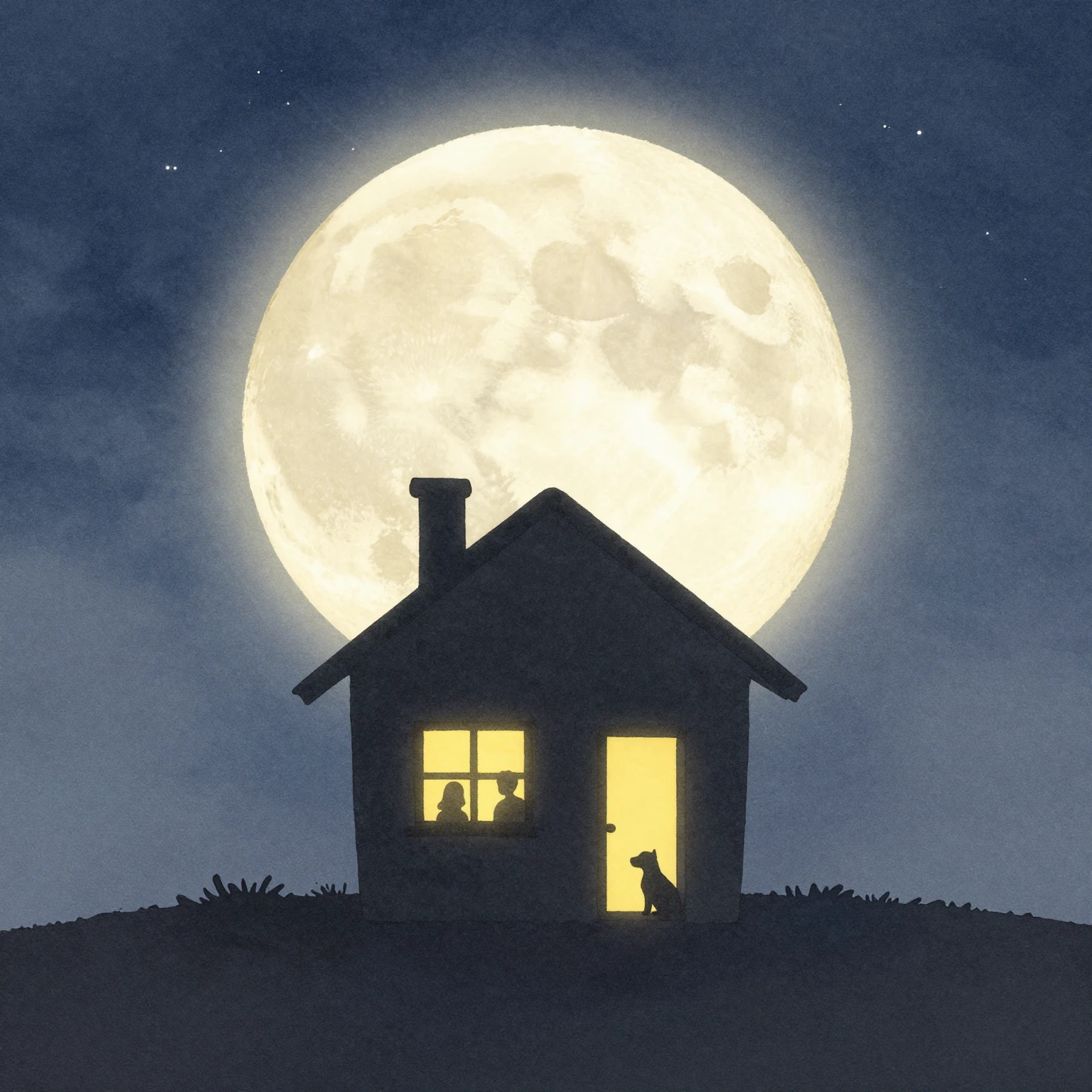 Watercolor style. A silhouette of a small cozy house on a hi...