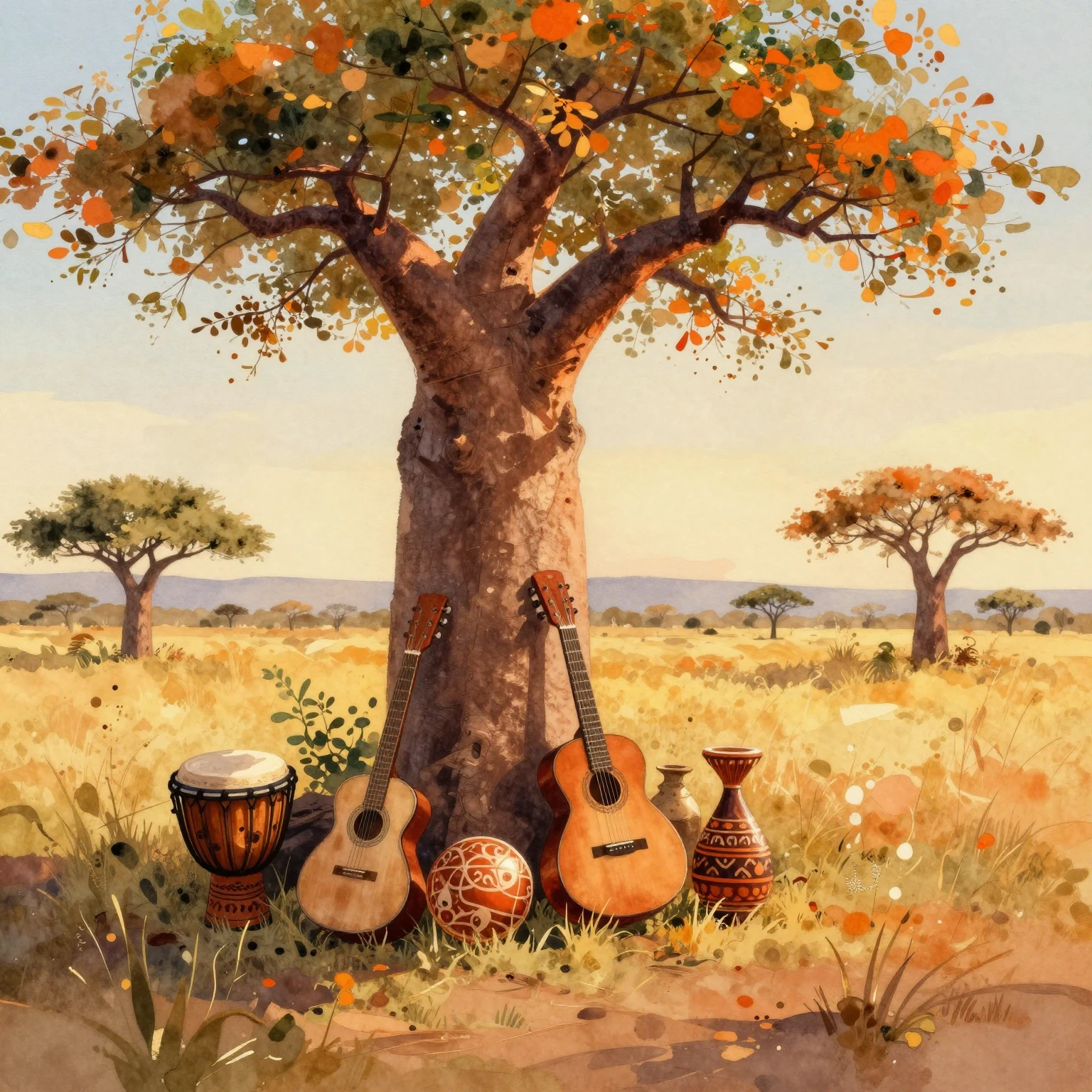 A vibrant watercolor painting of a sun-drenched savanna at g...