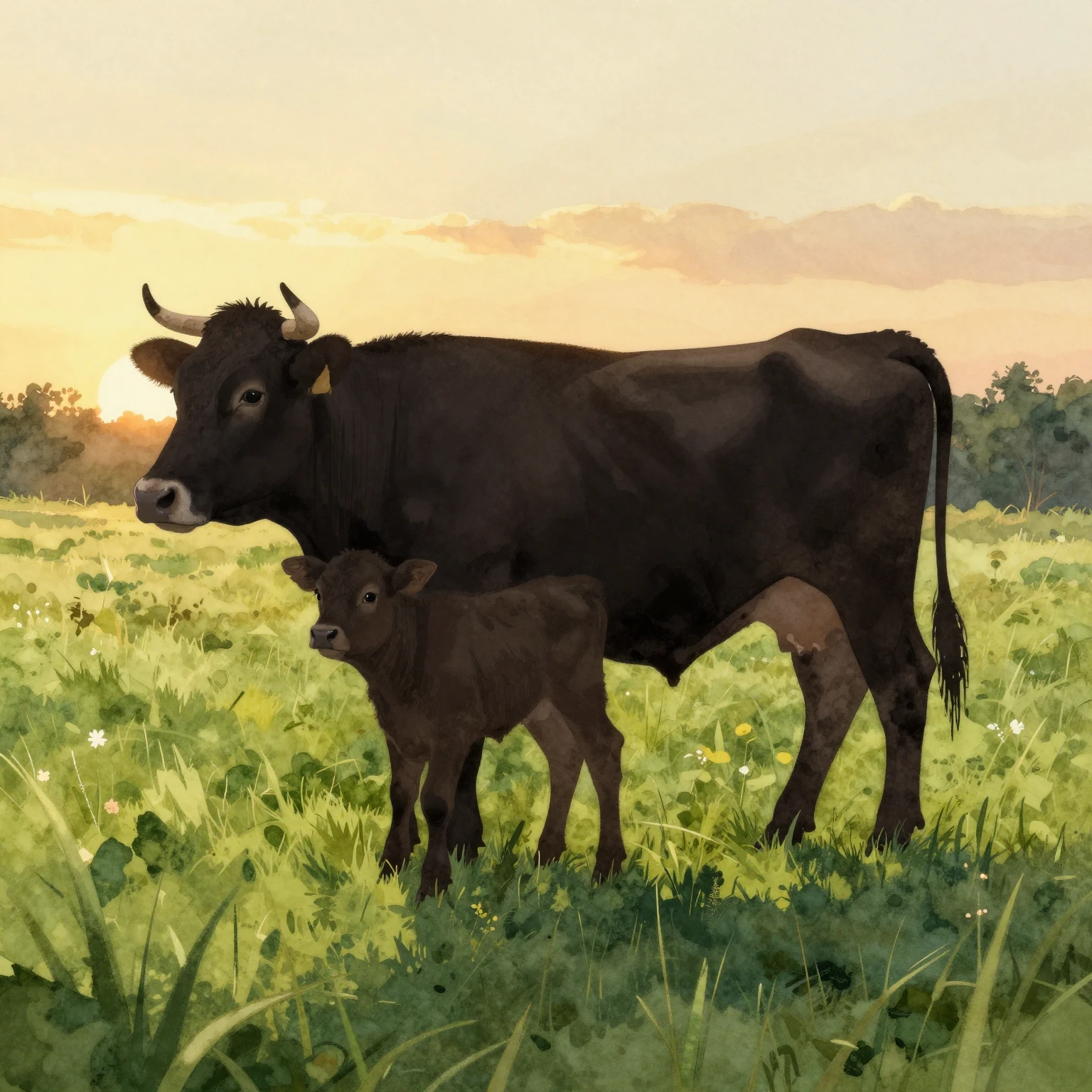 Watercolor style. A silhouette of a cow and her small calf s...