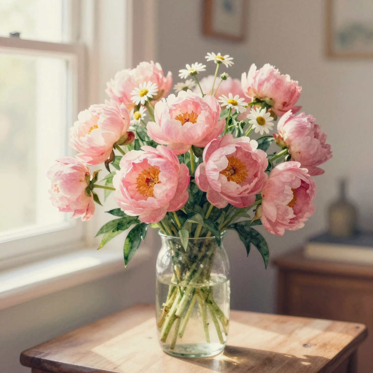 Watercolor painting of a large bouquet of pink peonies and w...