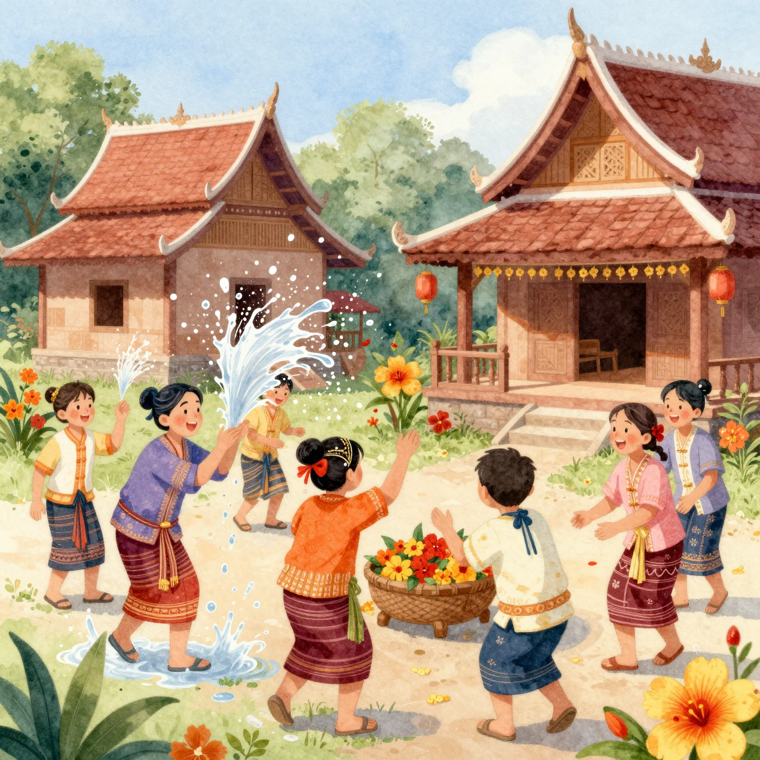 Vibrant watercolor illustration of a Lao New Year celebratio...
