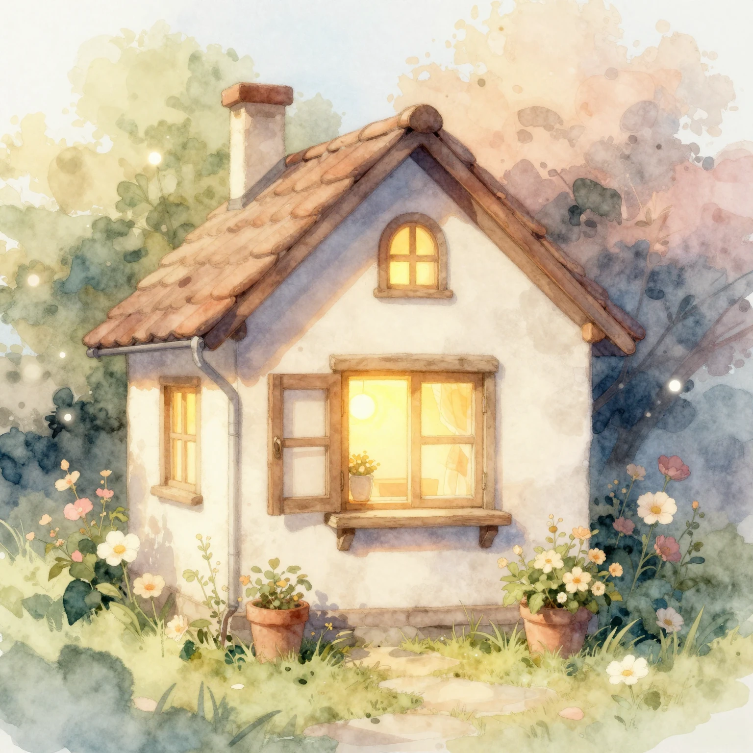 A cozy watercolor illustration of a warm, inviting house wit...