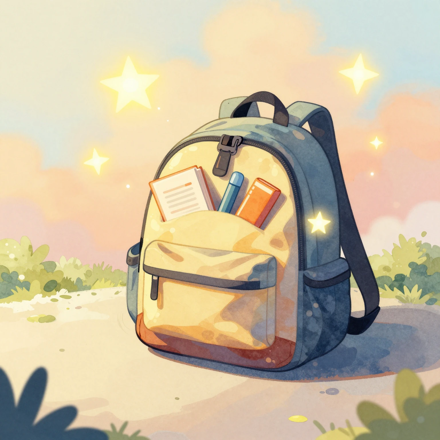 Watercolor style, bright open backpack on a sunny path, floa...