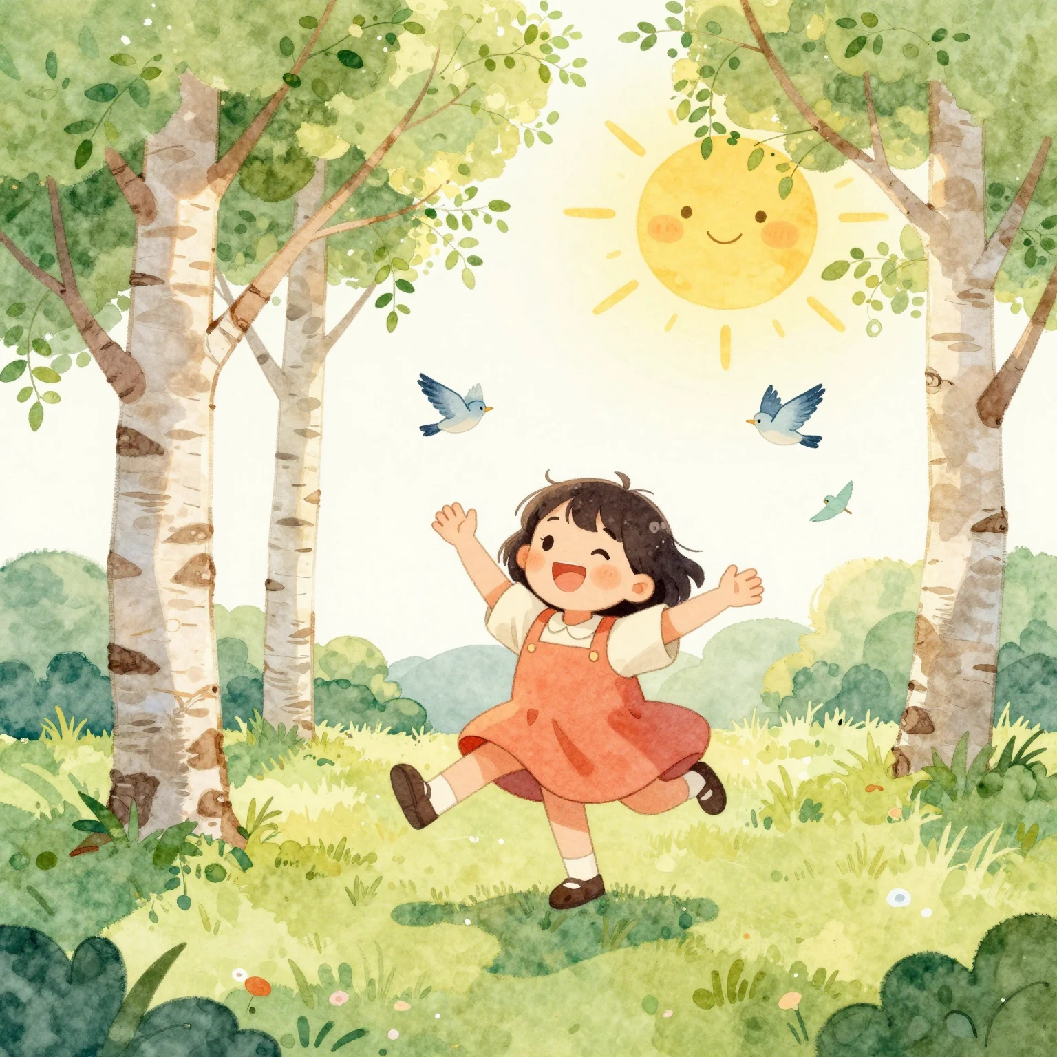 Vibrant watercolor style. Joyful cartoon illustration of dan...