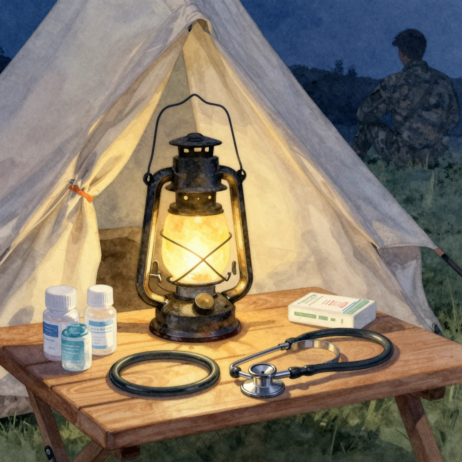 Watercolor style. A warm glowing lantern inside a cozy canva...