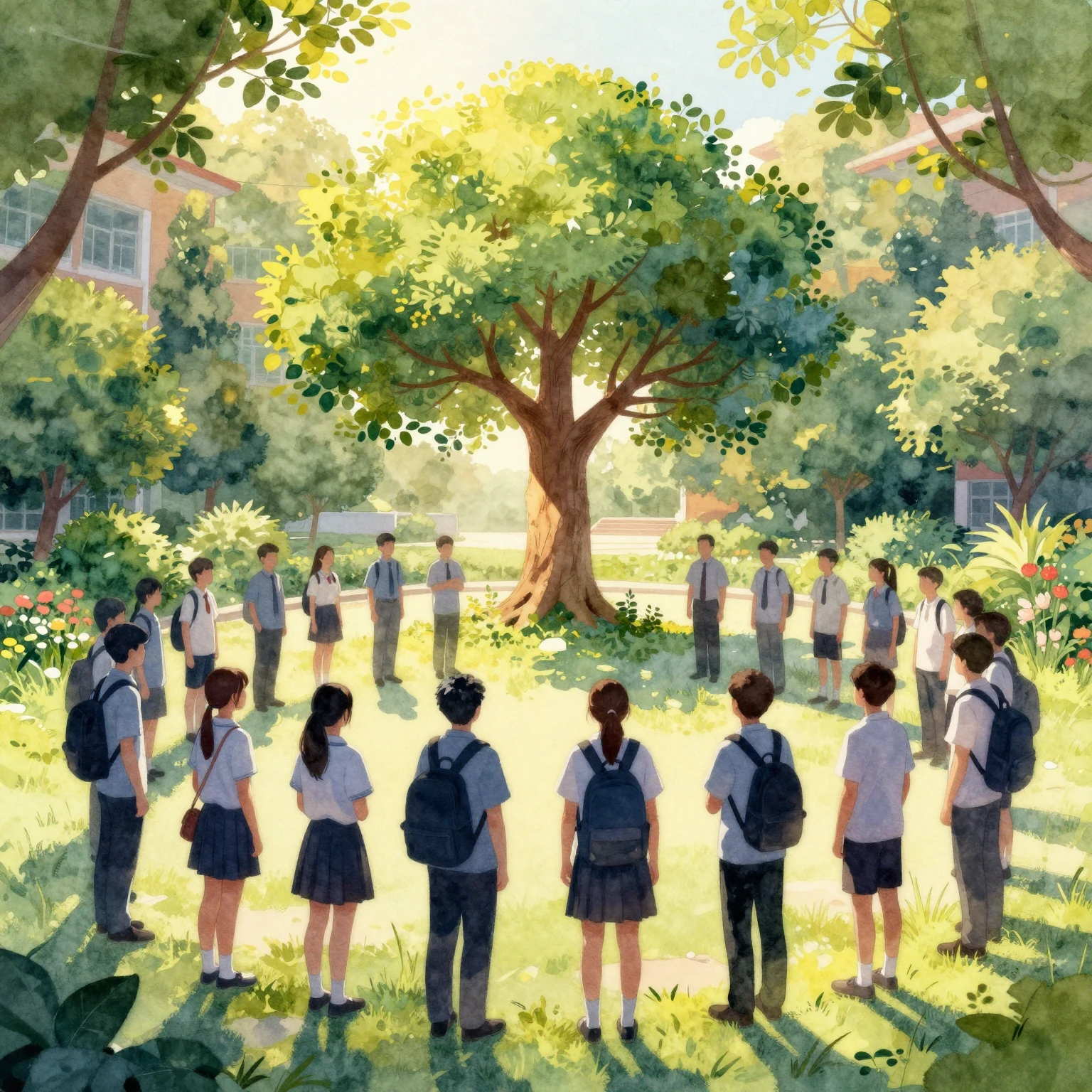 Watercolor style. Silhouettes of students and teachers stand...