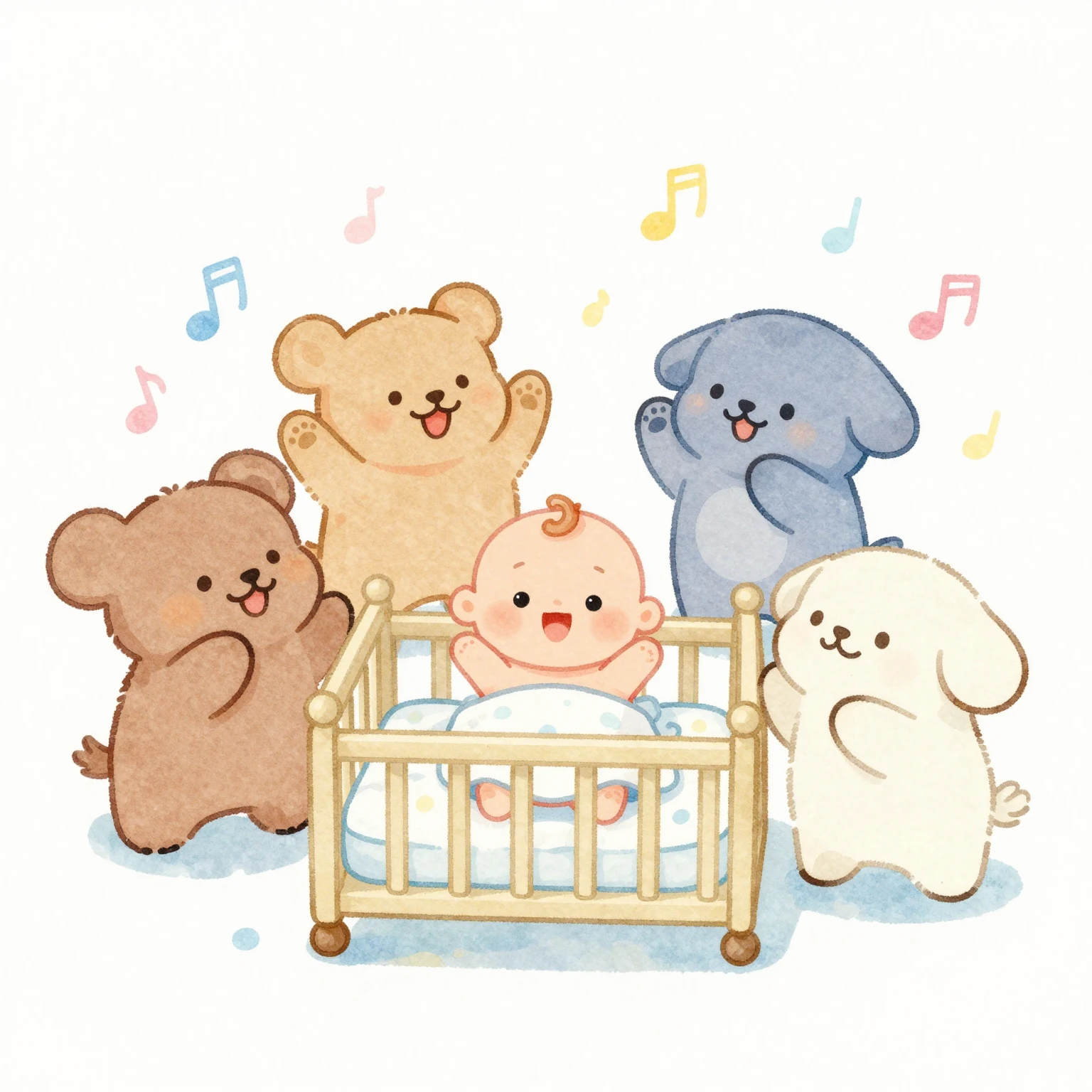 A soft watercolor illustration of cute cartoon animals singi...