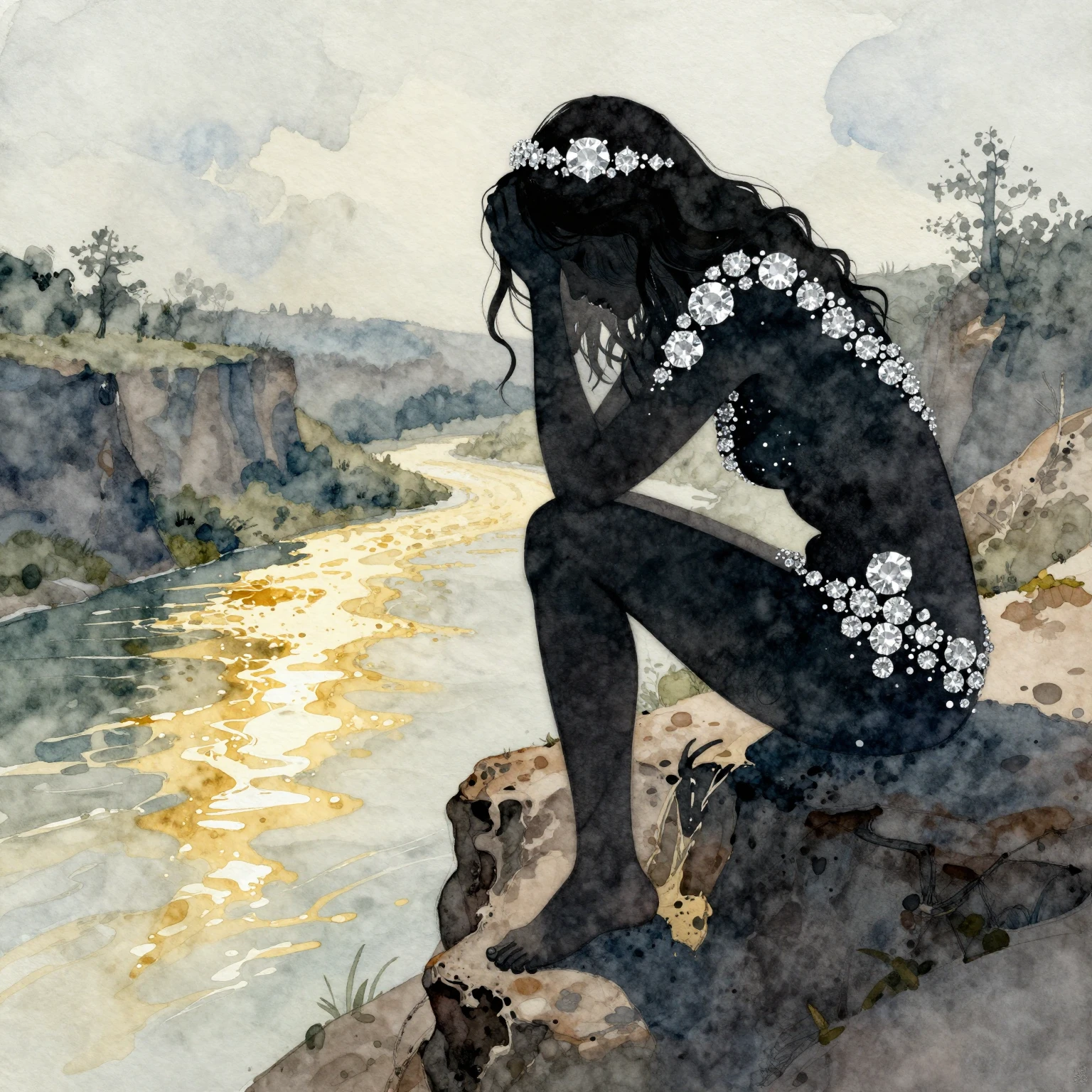 A watercolor artwork showing a silhouette of a woman, barefo...