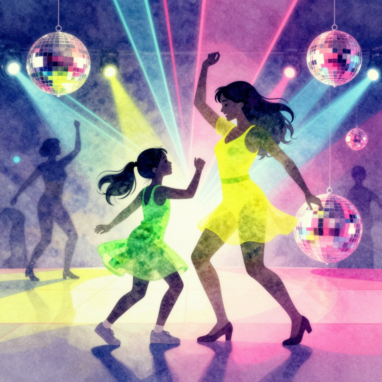 A vibrant watercolor style image of a mother and daughter da...