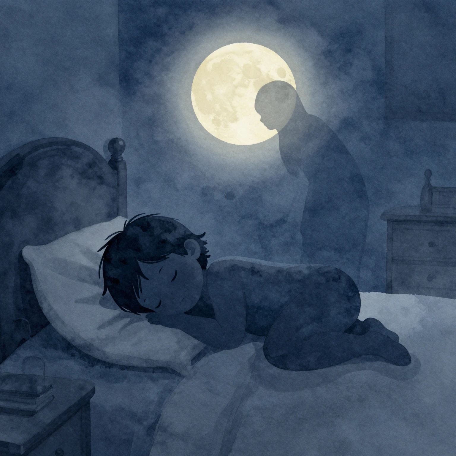 A serene watercolor illustration of a sleeping child's silho...