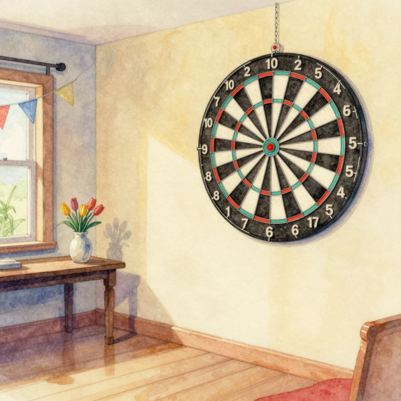 A watercolor painting of a festive room interior, featuring ...