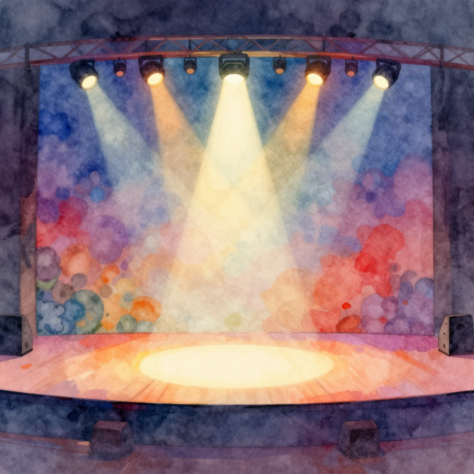 Vibrant watercolor illustration of an empty stage with a sin...